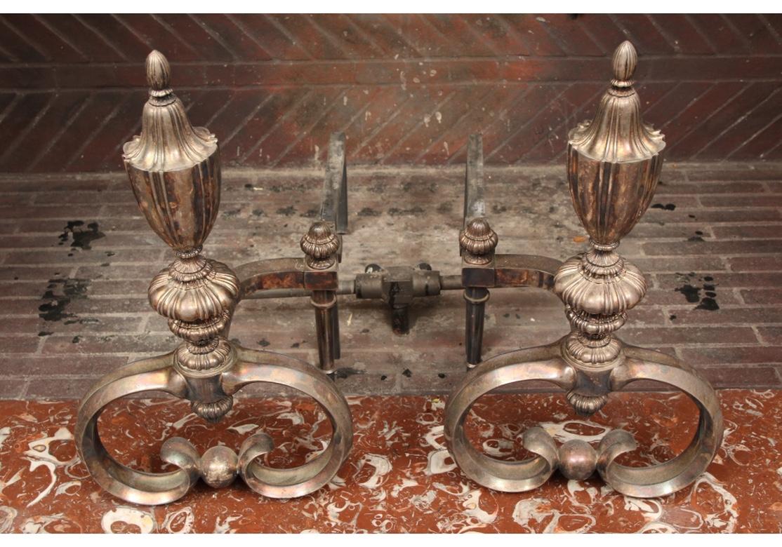 Fine Cast Pair of Heavy Silver Plate Andirons in the Adams Style 1