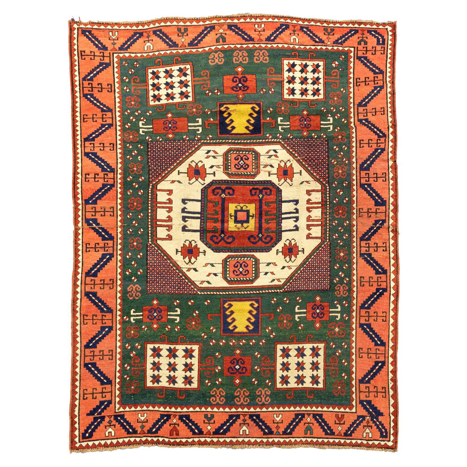19th Century Red Blue Green White in Wool Kazak Pinwheel Crab Caucaso