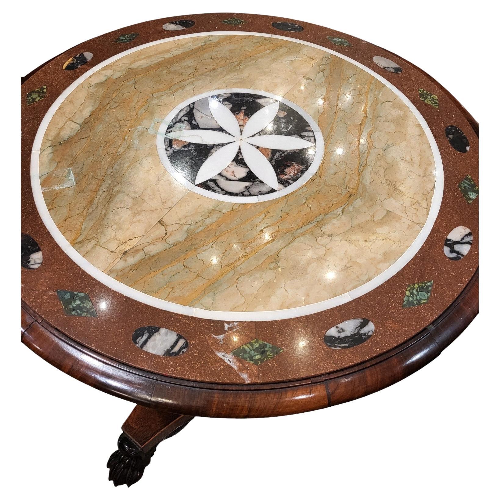 A Very Fine 19th Century Center Table in the style of George Bullock (1777-1818)
Lovely Circular Specimen Marble Top
This Table Sits on A Tripod Inlaid Pedestal Base
We Date this Table 1880s



