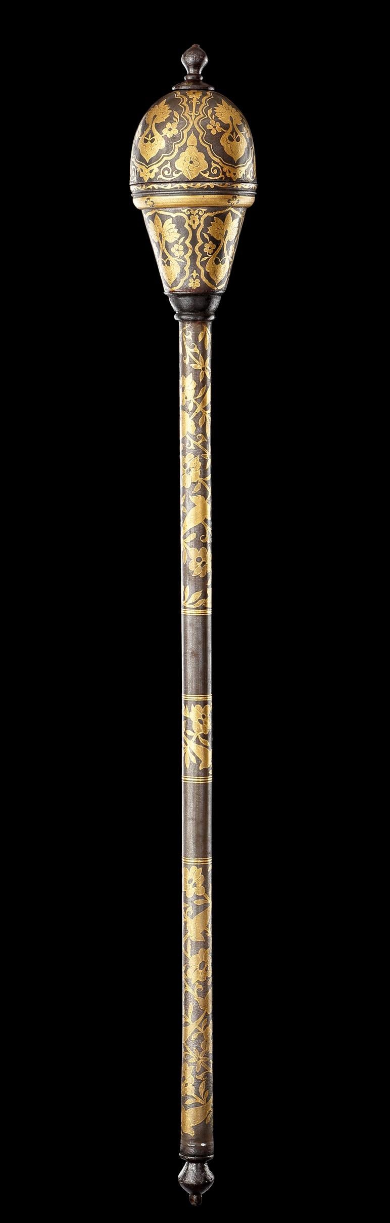 Fine Ceremonial Mace 
Steel with gold 
Turkey 
19th Century 

Size: 62cm long - 24½ ins long 

Provenance: 
Ex Oliver Hoare, Cabinet of Curiosities Exhibition, June 2012 
Ex Private UK collection