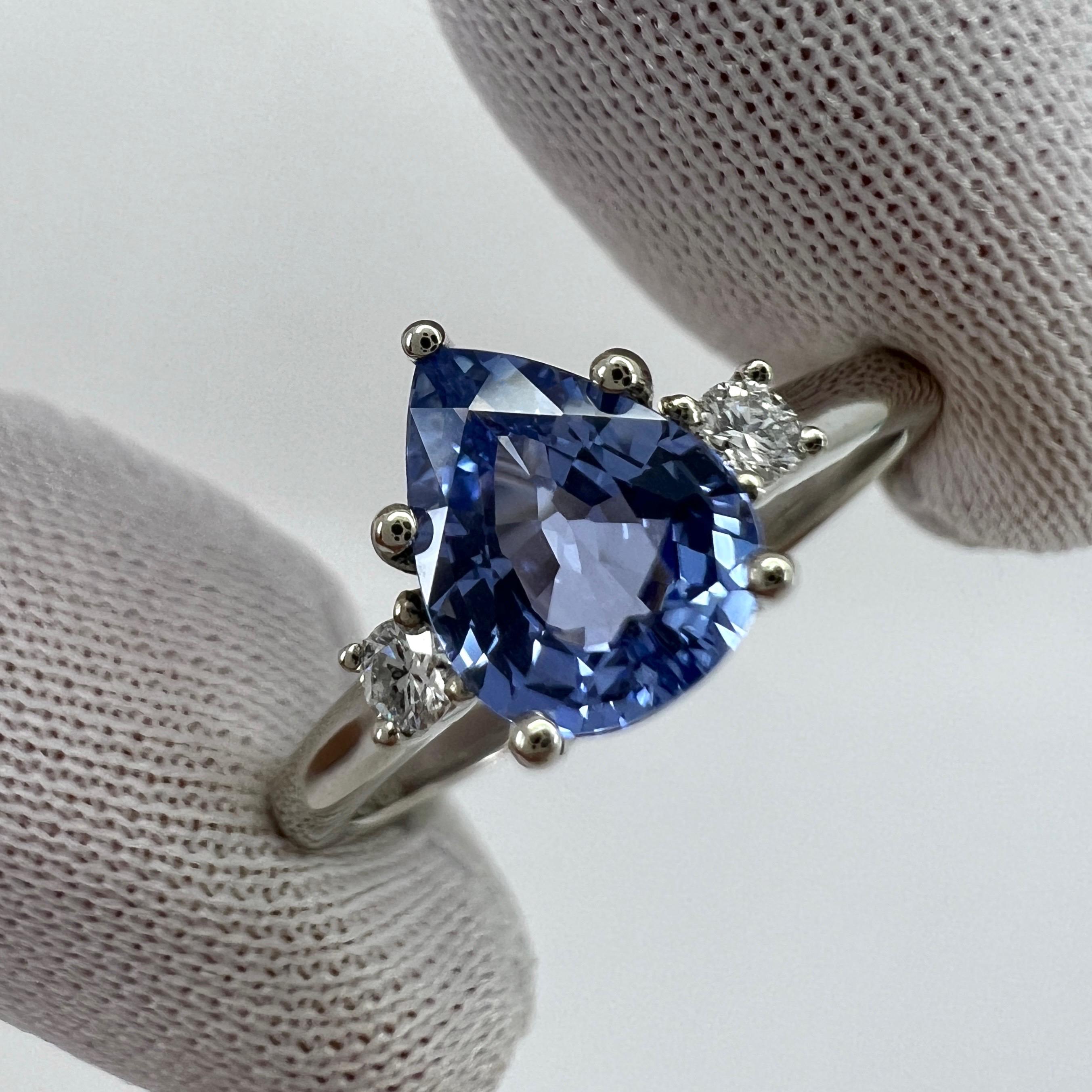 Fine Ceylon Blue Sapphire & Diamond 18k White Gold Pear Cut Three Stone Ring 5