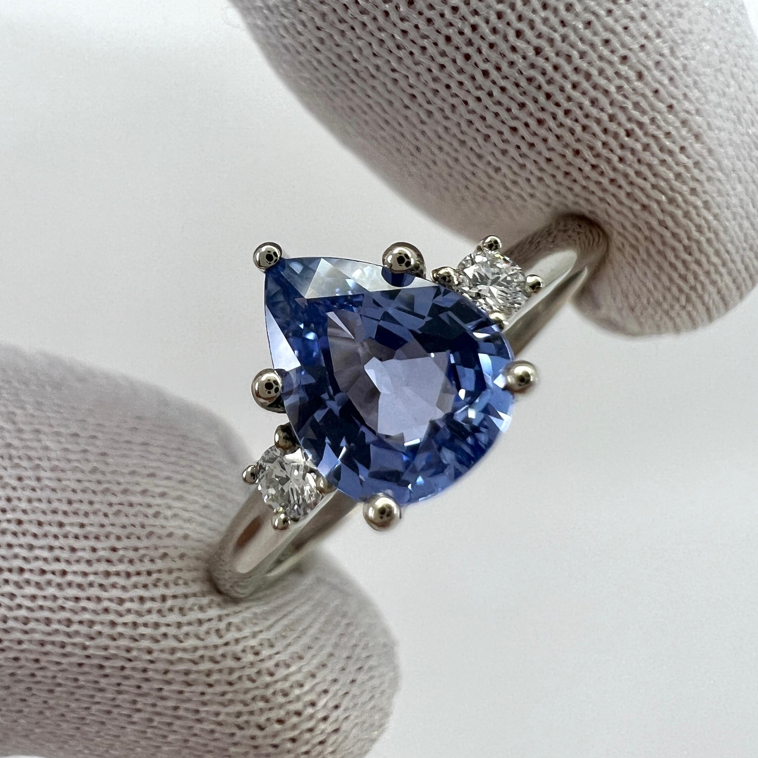 Fine Ceylon Blue Sapphire & Diamond 18k White Gold Pear Cut Three Stone Ring 7