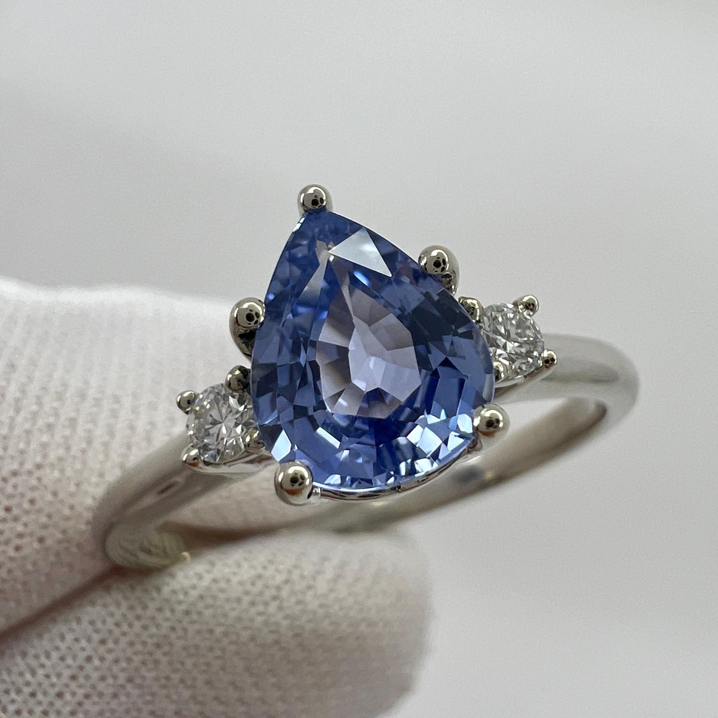Fine Pear Cut Ceylon Blue Sapphire & Diamond 18k White Gold Three Stone Ring.

Fine 1.15 carat Ceylon sapphire with a beautiful vivid light blue colour. This stone also has an excellent pear teardrop cut and excellent clarity. VVS.
The sapphire