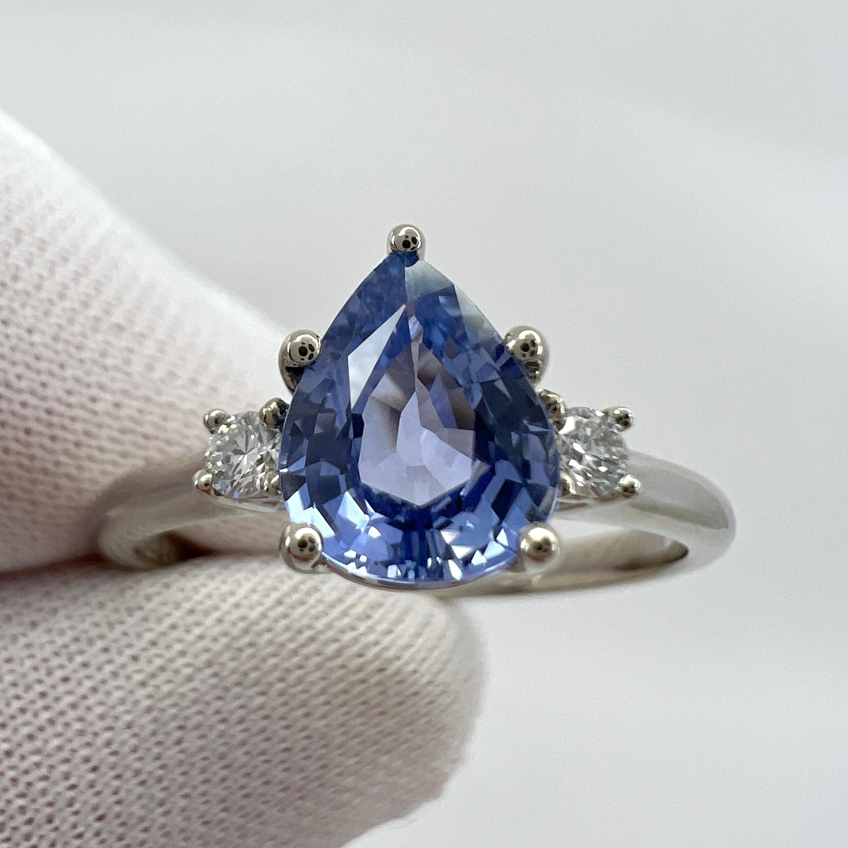 Women's or Men's Fine Ceylon Blue Sapphire & Diamond 18k White Gold Pear Cut Three Stone Ring