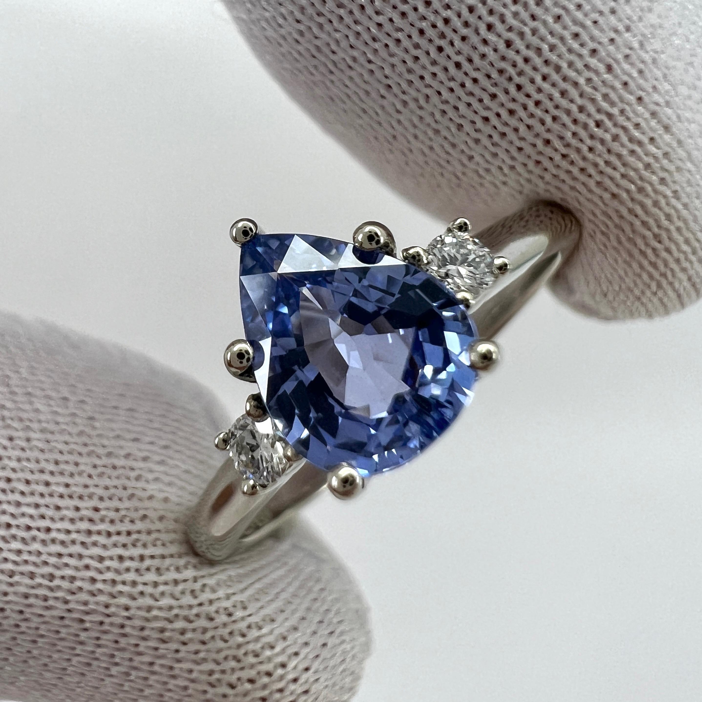 Fine Ceylon Blue Sapphire & Diamond 18k White Gold Pear Cut Three Stone Ring 1
