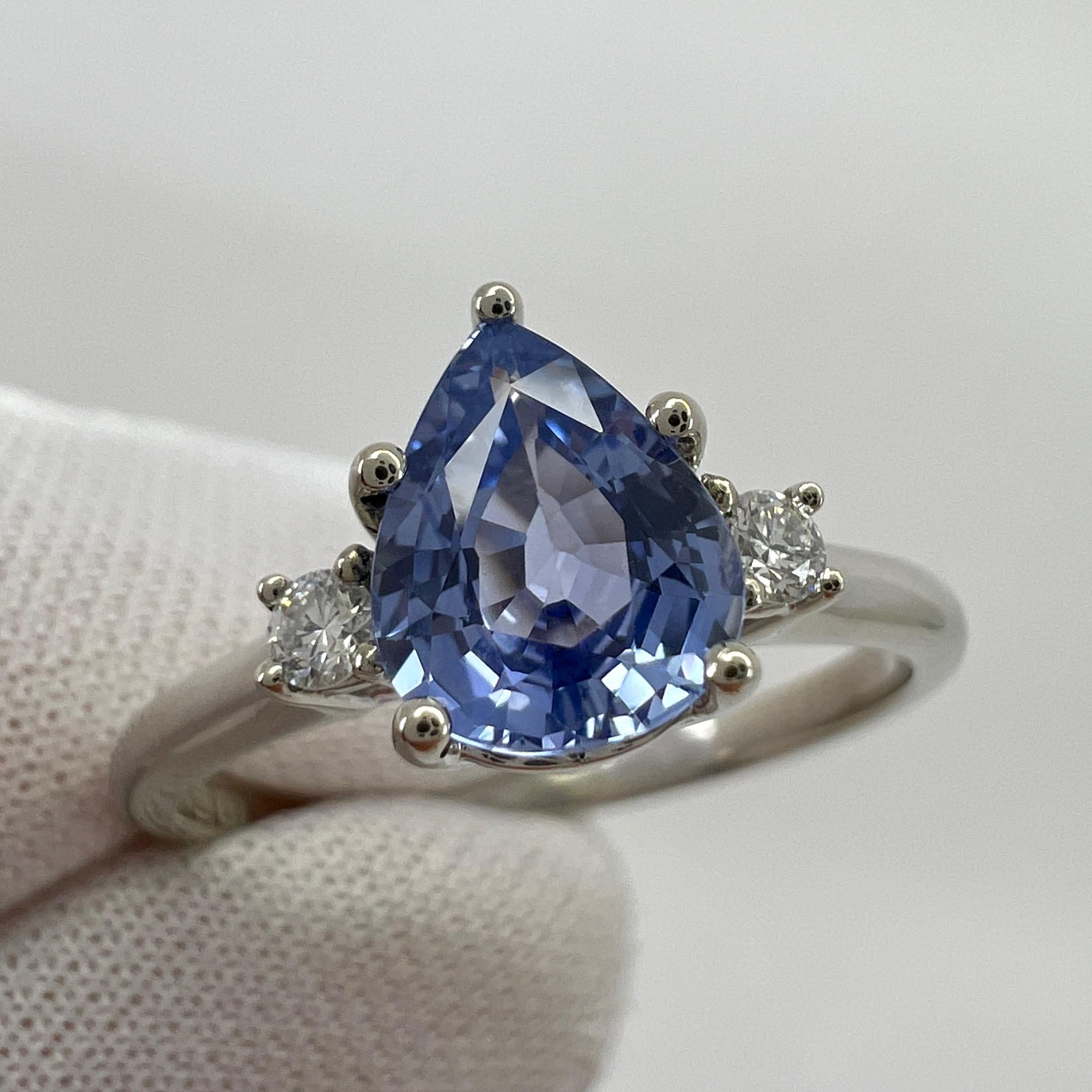 Fine Ceylon Blue Sapphire & Diamond 18k White Gold Pear Cut Three Stone Ring 2