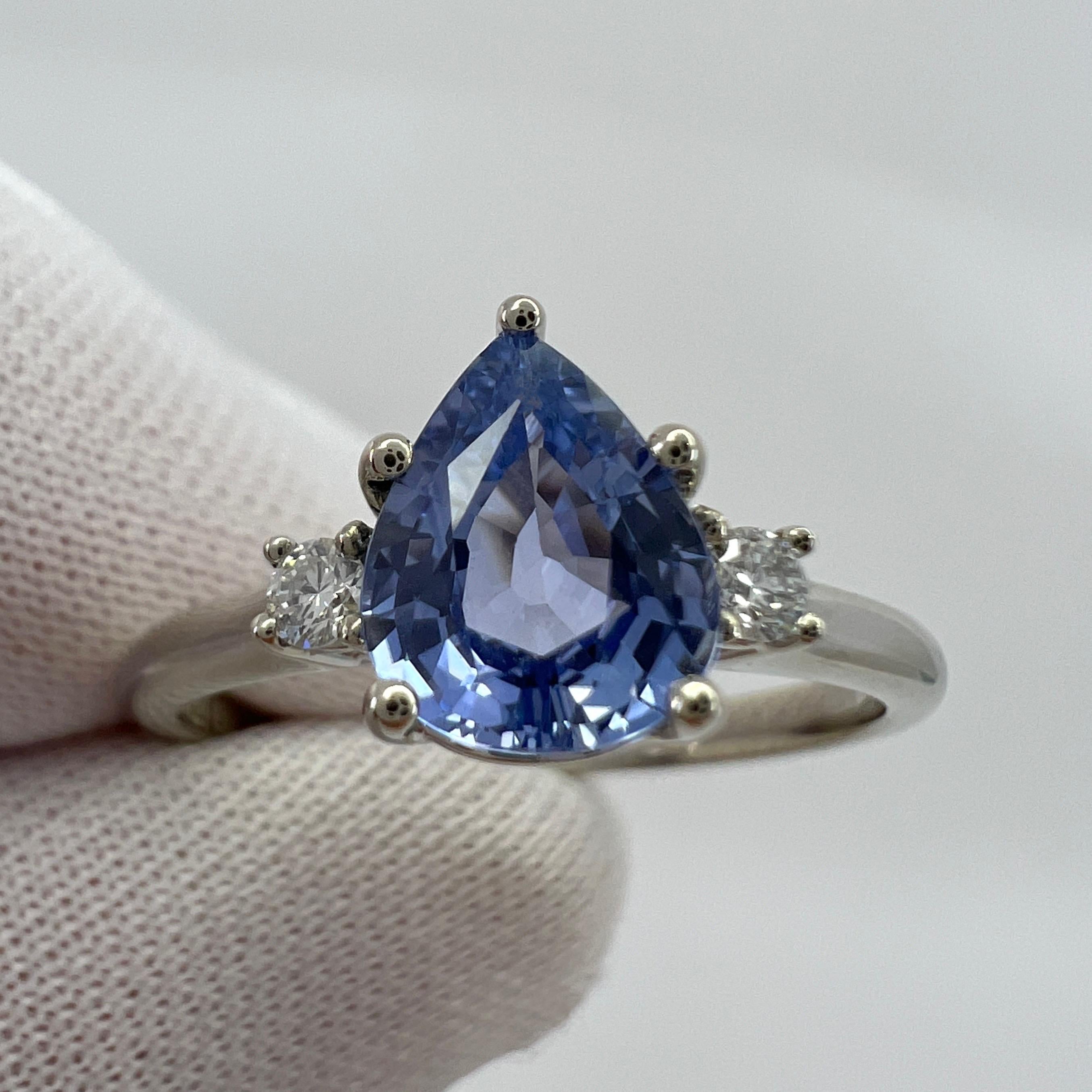 Fine Ceylon Blue Sapphire & Diamond 18k White Gold Pear Cut Three Stone Ring 3