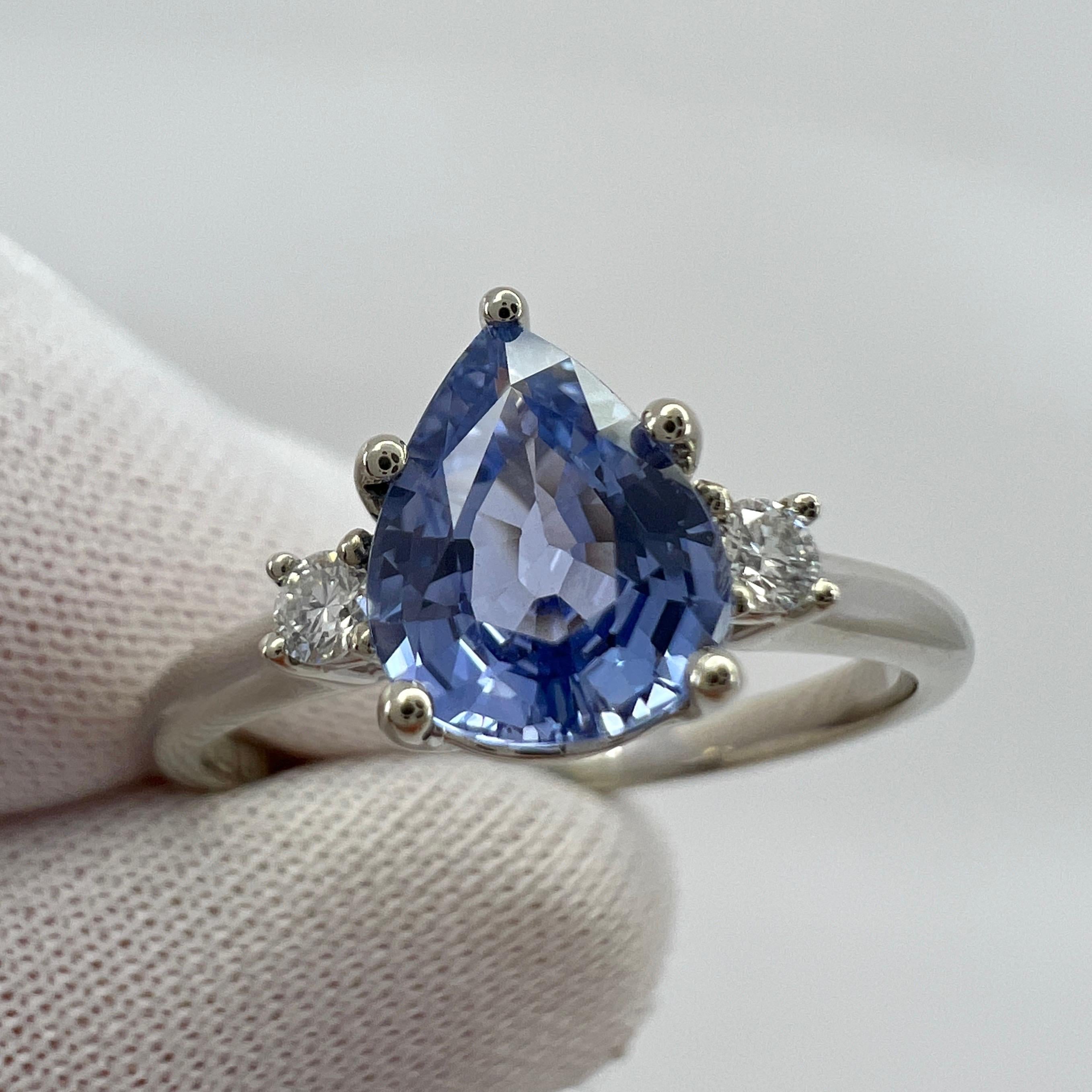 Fine Ceylon Blue Sapphire & Diamond 18k White Gold Pear Cut Three Stone Ring 4