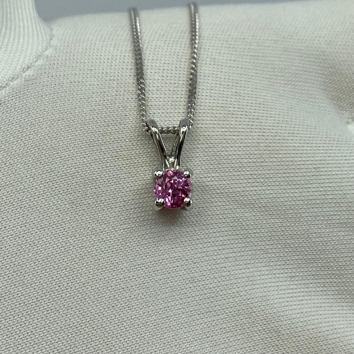 Fine Ceylon Pink Sapphire Round Diamond Cut 18k White Gold Solitaire Pendant For Sale 7