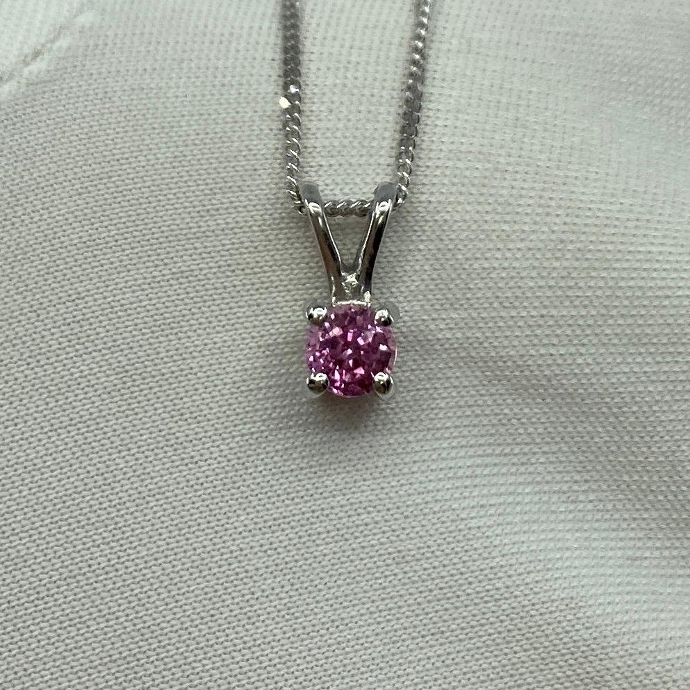 Women's or Men's Fine Ceylon Pink Sapphire Round Diamond Cut 18k White Gold Solitaire Pendant For Sale