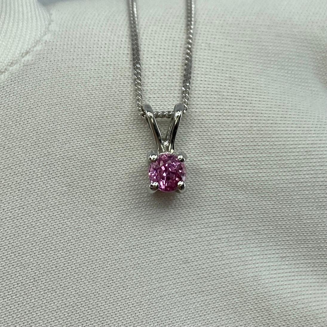 Fine Ceylon Pink Sapphire Round Diamond Cut 18k White Gold Solitaire Pendant For Sale 1