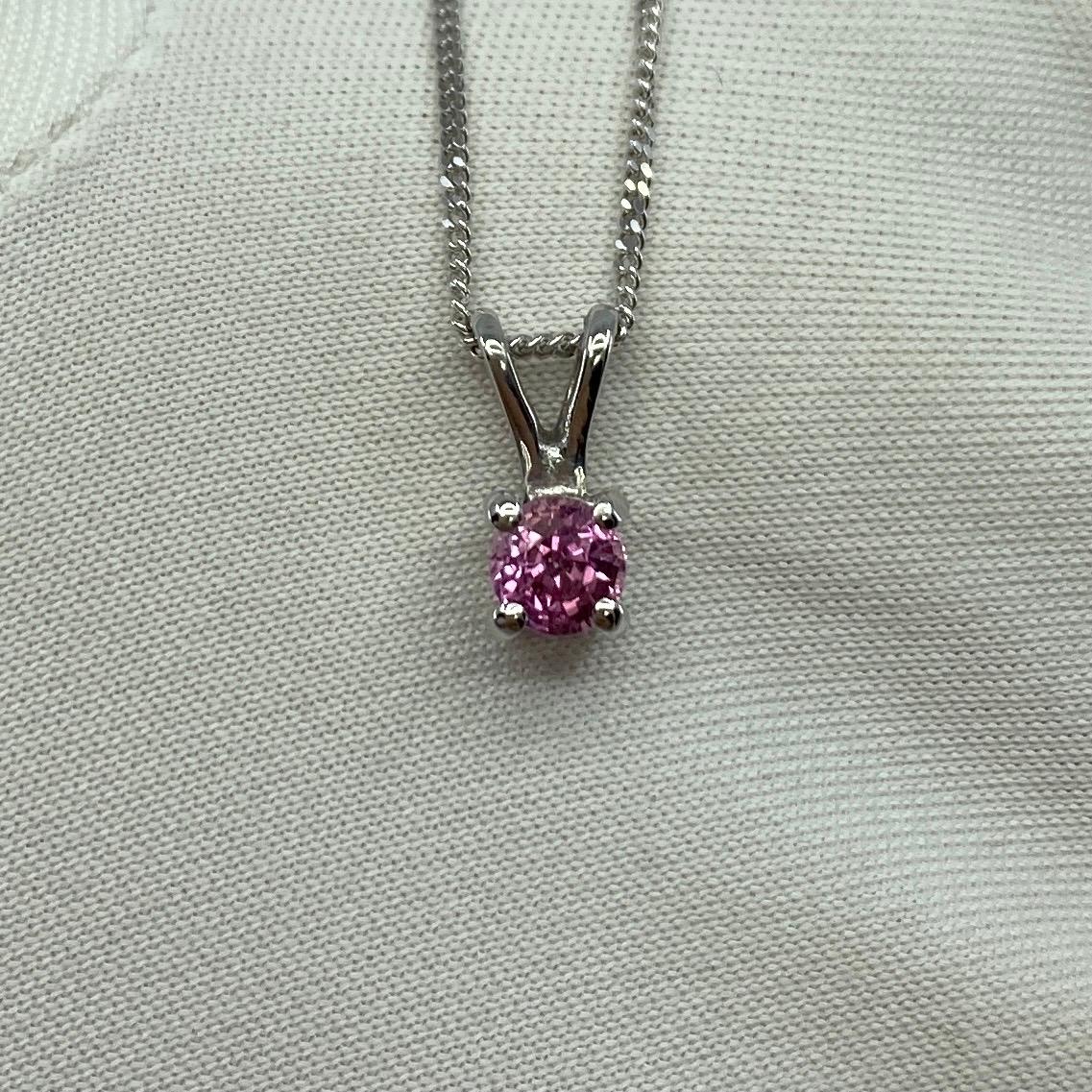 Fine Ceylon Pink Sapphire Round Diamond Cut 18k White Gold Solitaire Pendant For Sale 3