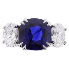 Fine Ceylon Sapphire and Oval Diamond 3 Stone Ring,  Handmade in Platinum