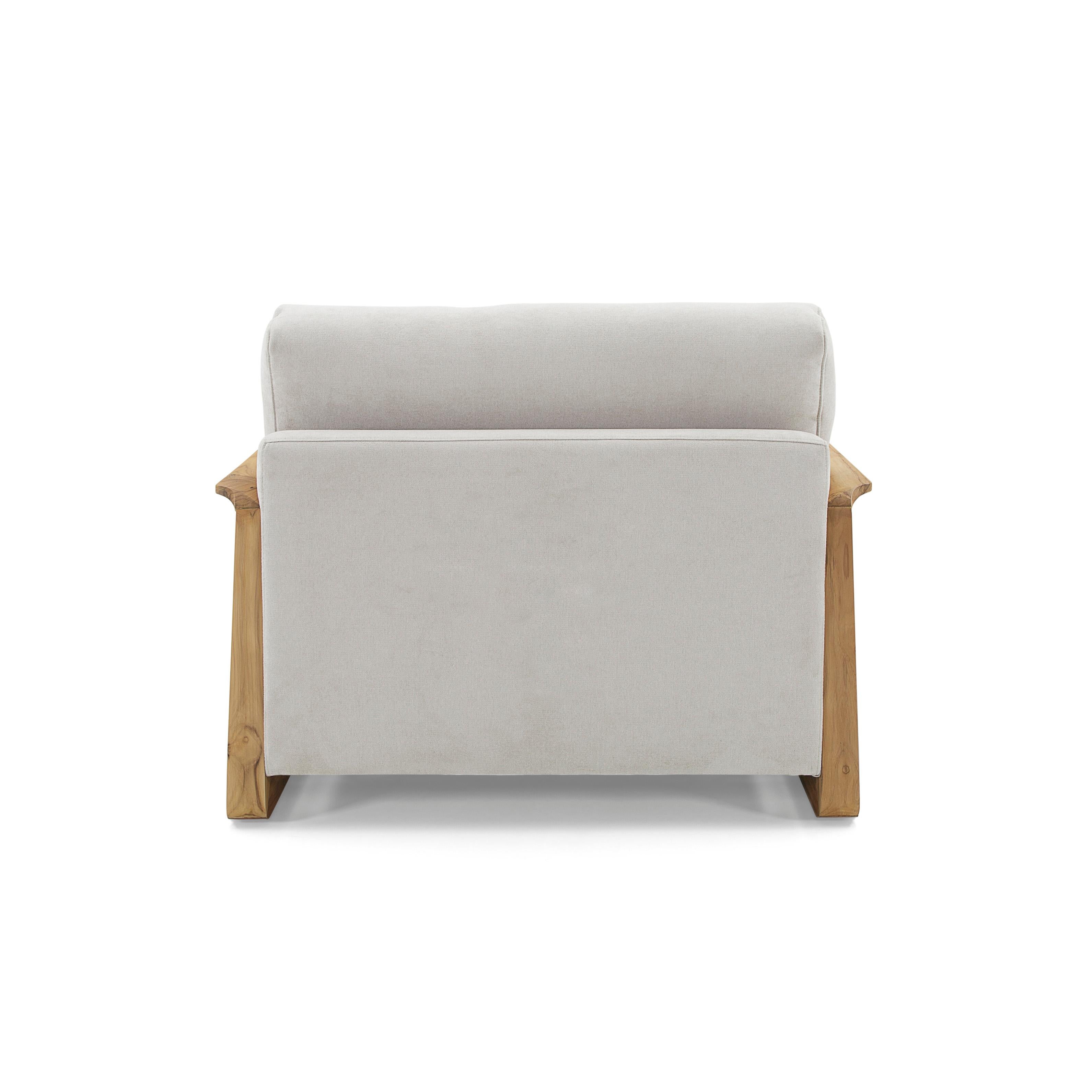 Brazilian Fine Armchair Upholstered in an Oatmeal Fabric with Teak Wood Arms For Sale