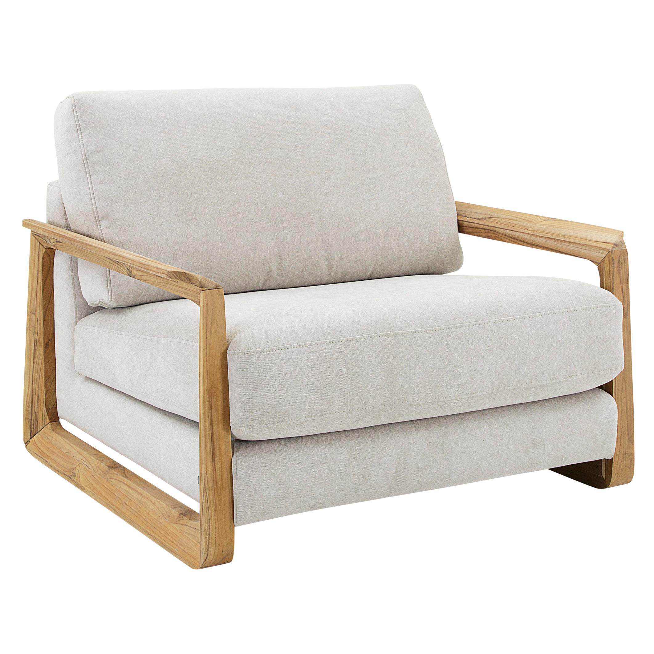 Fine Armchair Upholstered in an Oatmeal Fabric with Teak Wood Arms