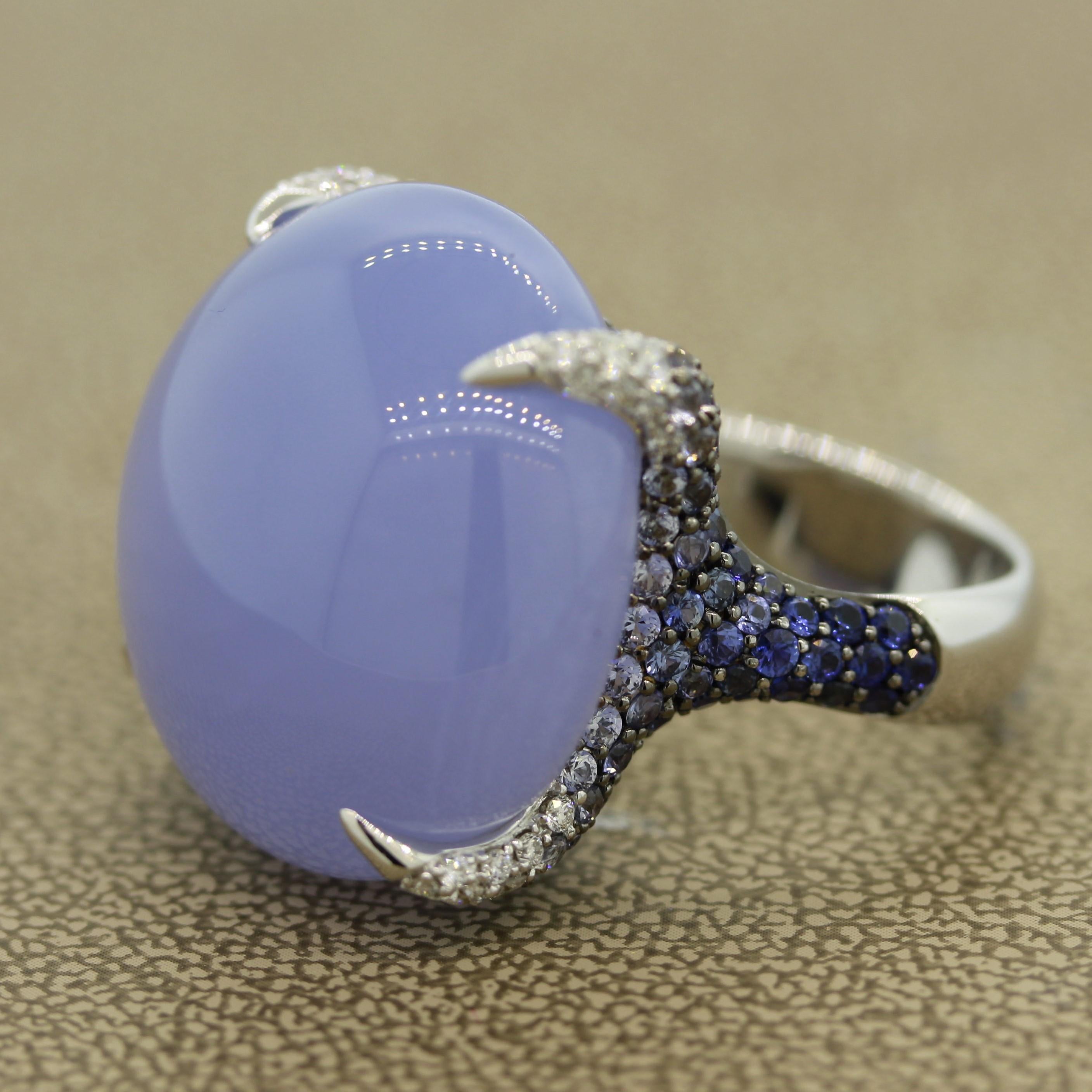 Oval Cut Fine Chalcedony Sapphire Diamond Gold Cocktail Ring For Sale