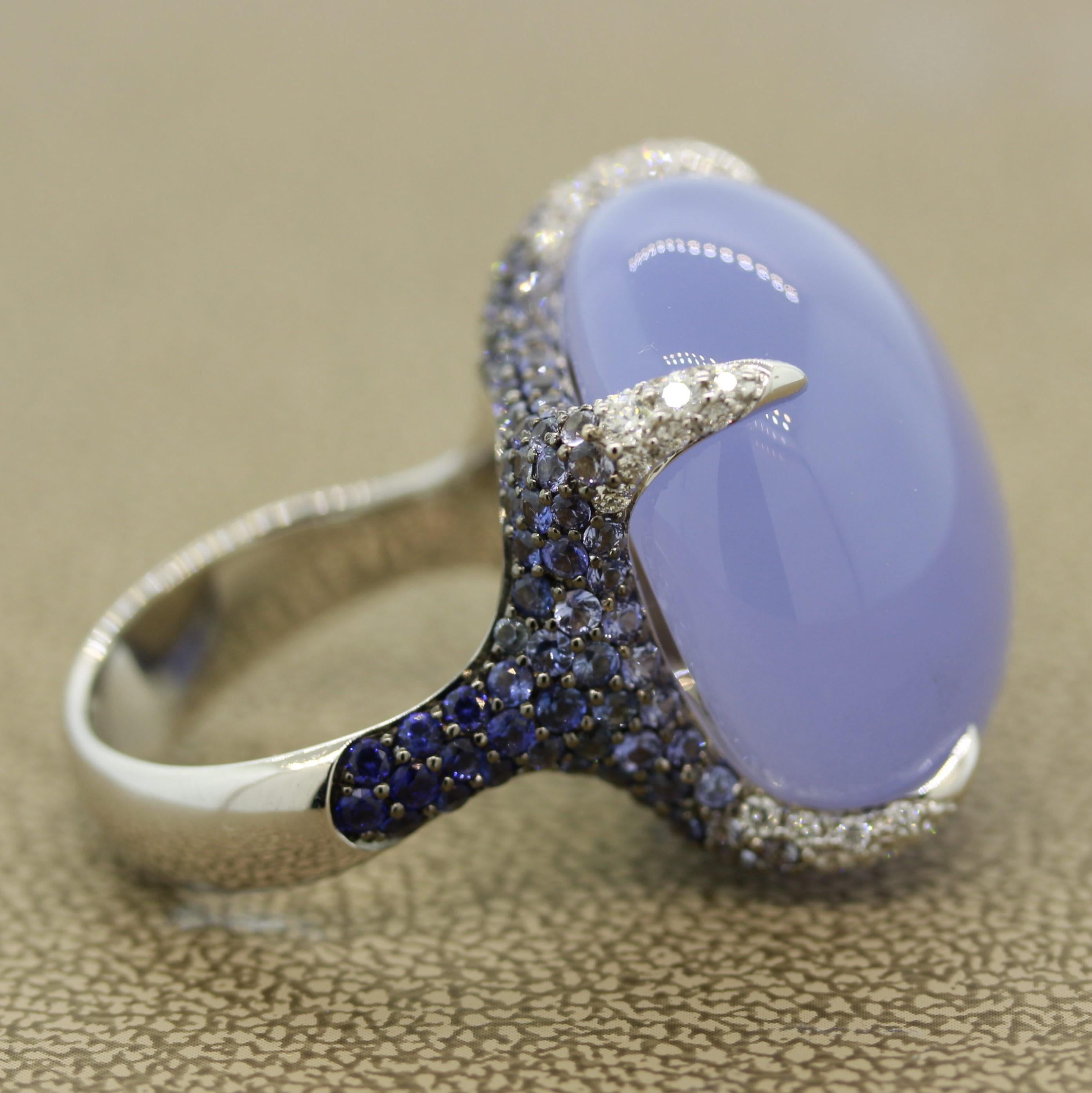 Fine Chalcedony Sapphire Diamond Gold Cocktail Ring For Sale 1