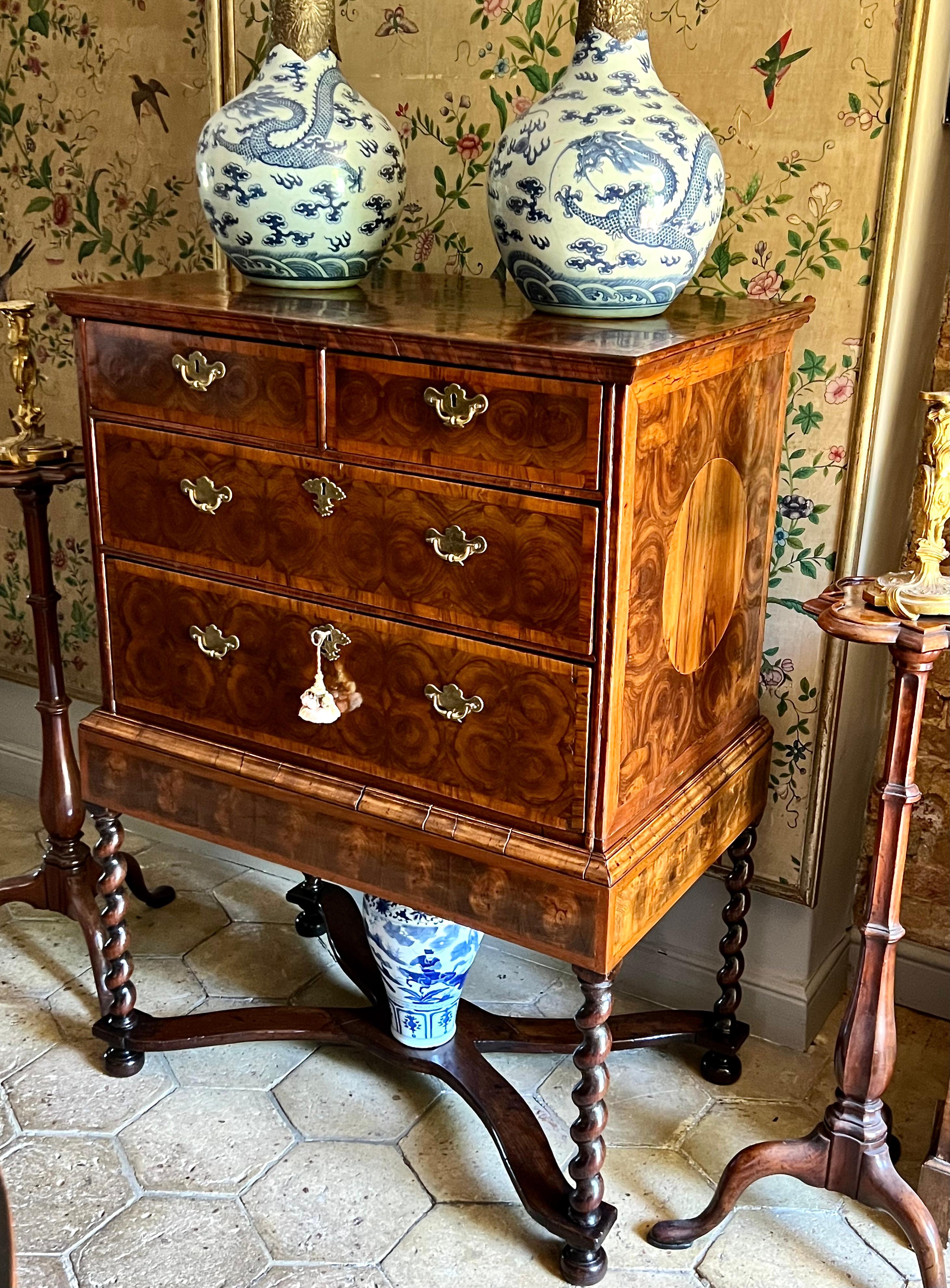 Charles II Fine Charles ll Oyster Laburnum and Walnut Chest on Stand