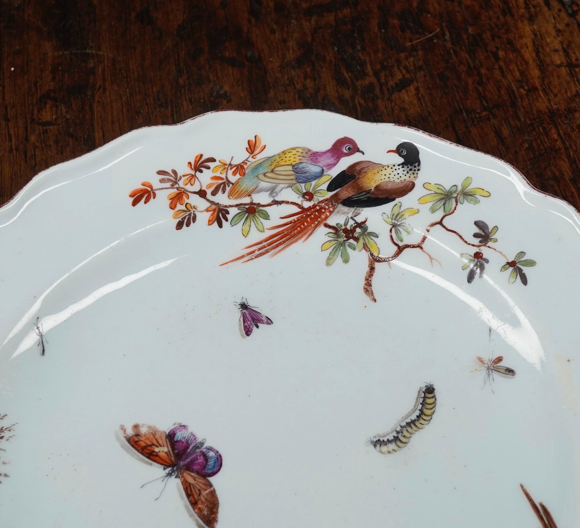 English Fine Chelsea Red Anchor Plate, Birds-on-Branches and Butterflies, circa 1755
