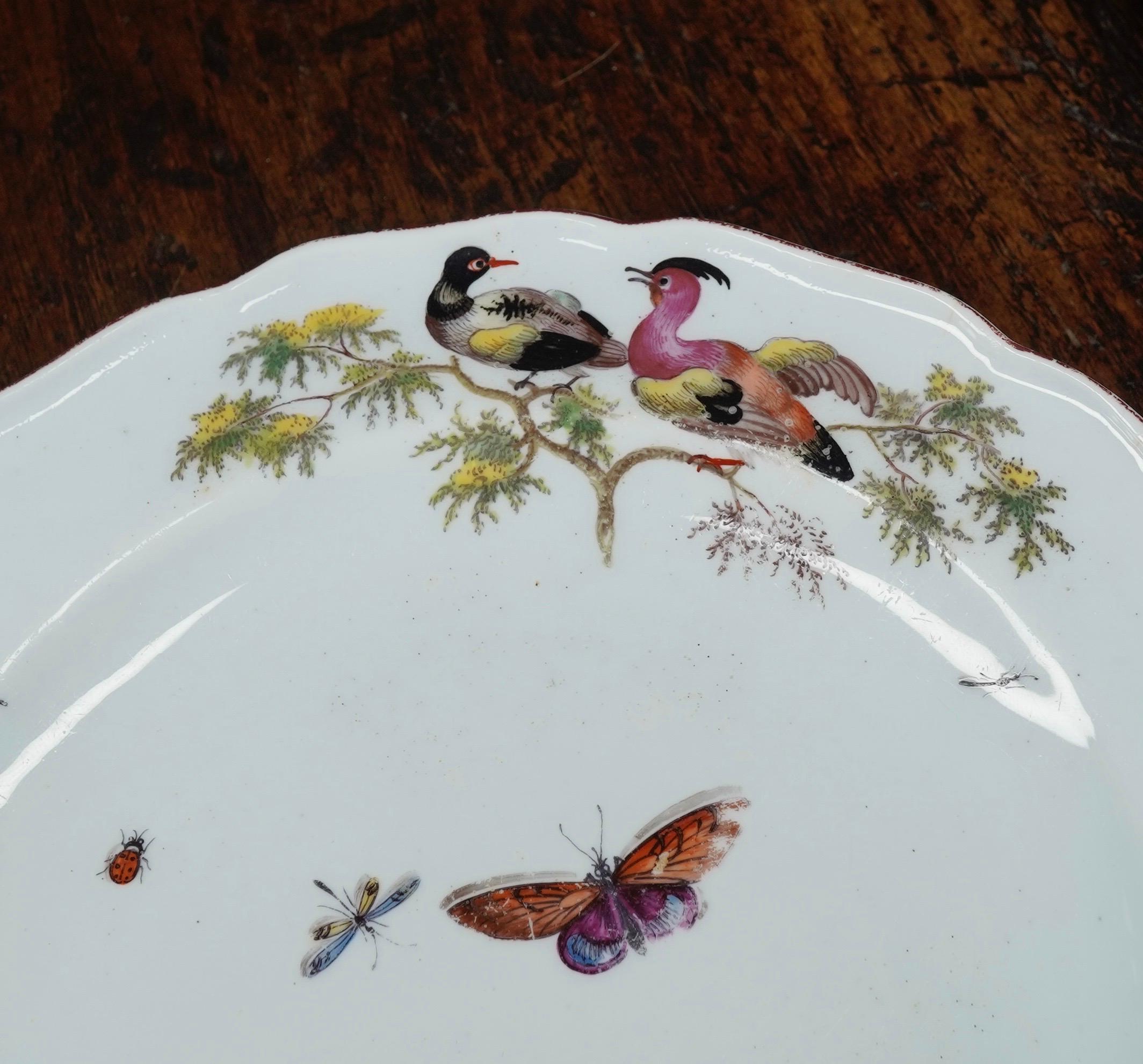 Fine Chelsea Red Anchor Plate, Birds-on-Branches and Butterflies, circa 1755 In Good Condition In Geelong, Victoria