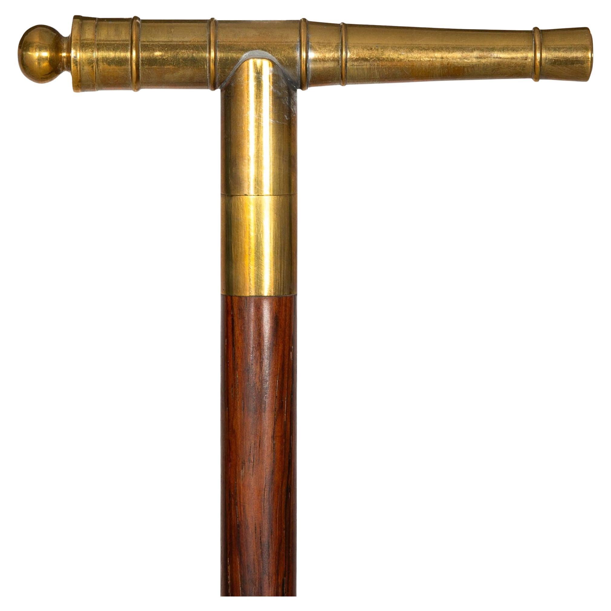 Fine Cheroot Brass Signal Cannon Gadget Cane with Rosewood Shaft For Sale