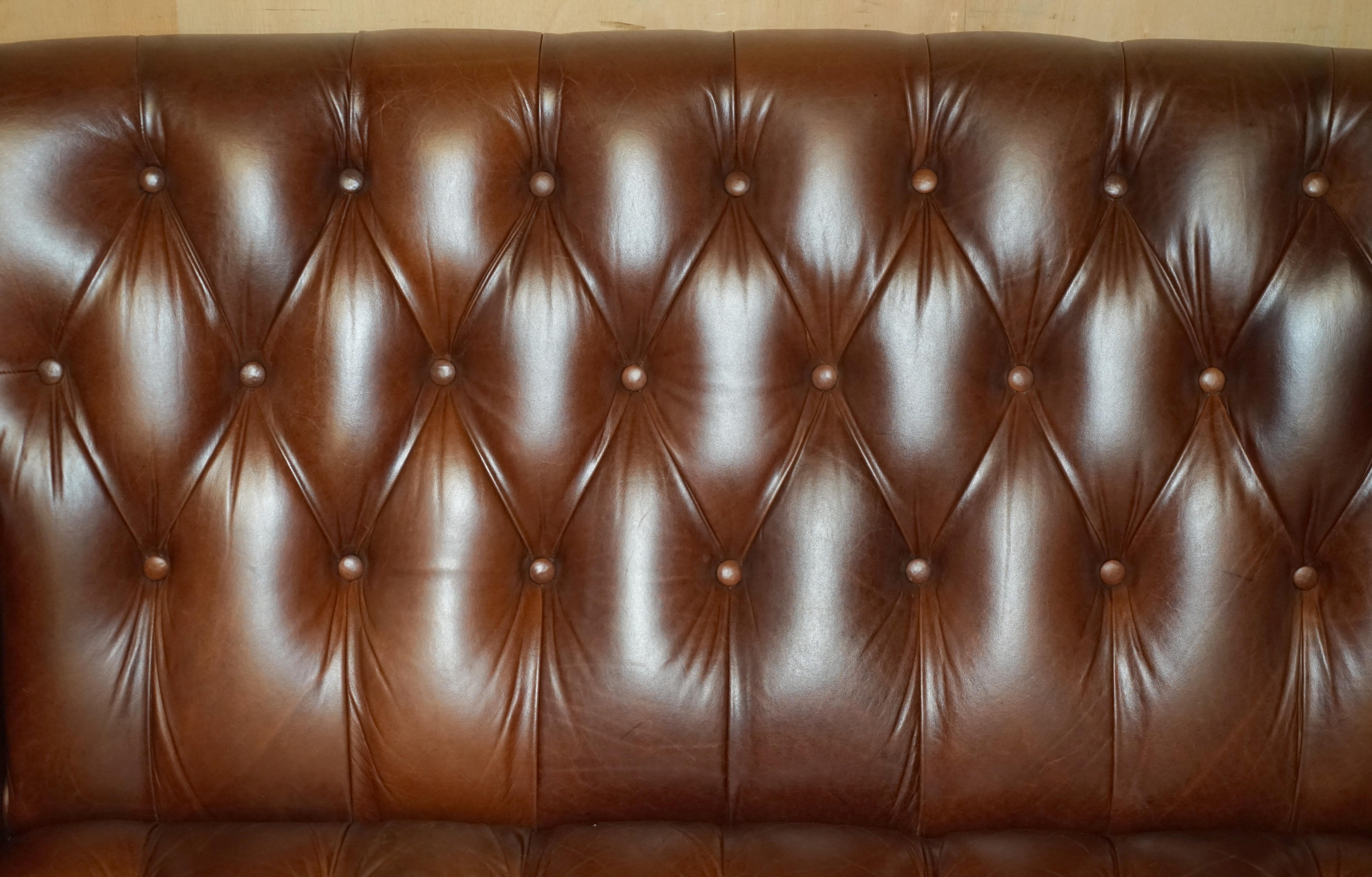 Chesterfield FiNE CHESTNUT BROWN LEATHER LAUREN ASHLEY CHESTERFIELD TWO SEAT LIBRARY SOFa For Sale