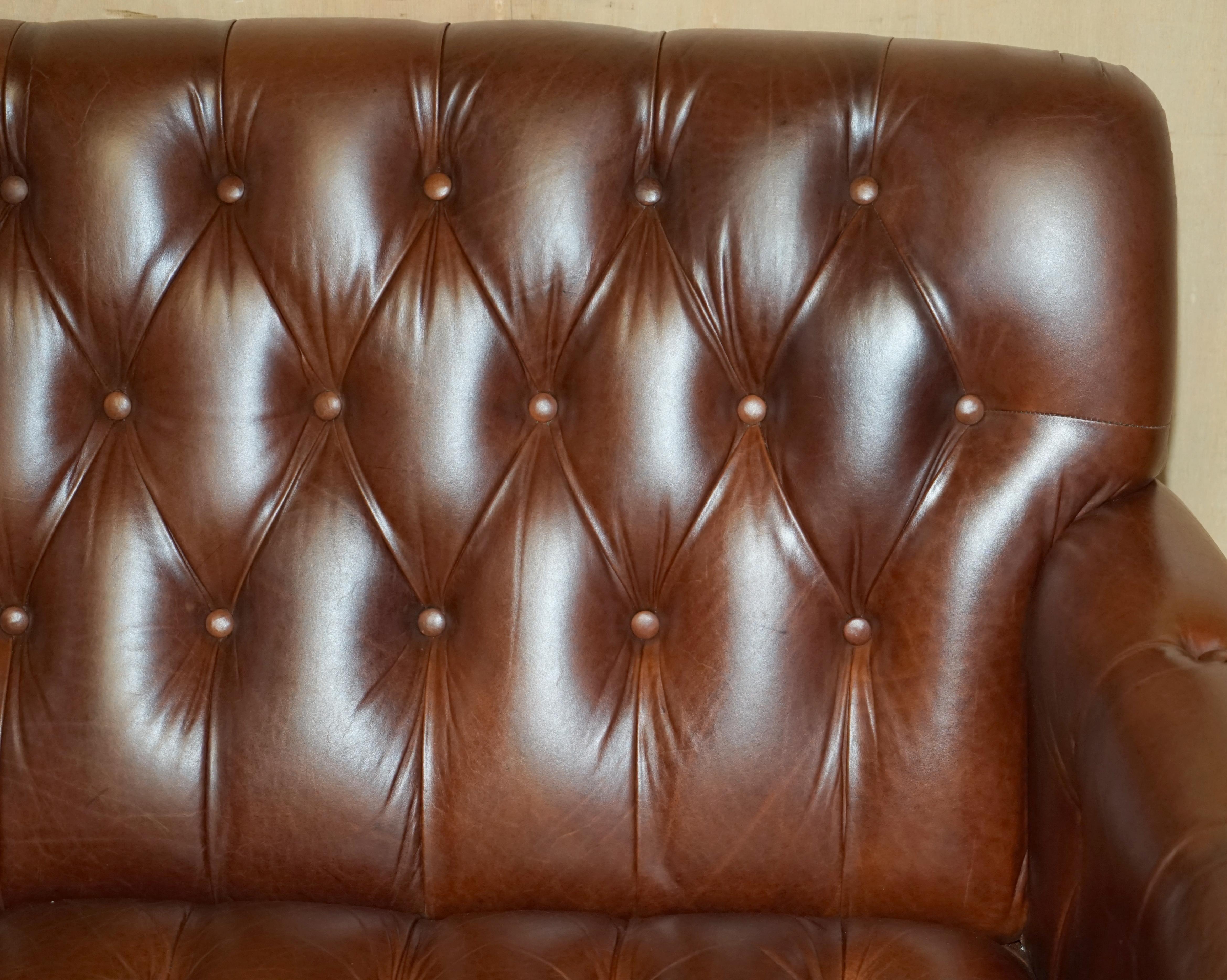 English FiNE CHESTNUT BROWN LEATHER LAUREN ASHLEY CHESTERFIELD TWO SEAT LIBRARY SOFa For Sale