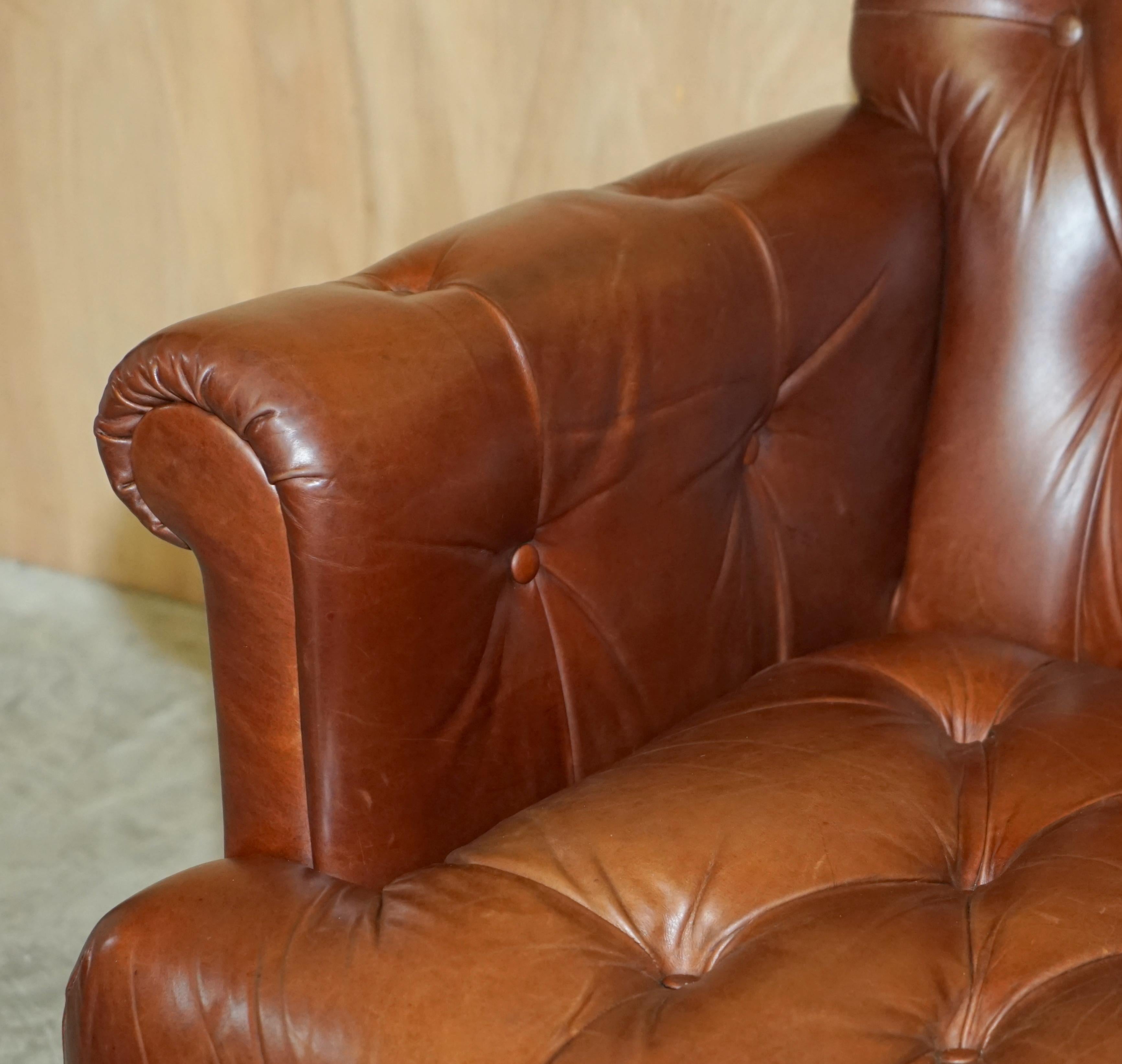 Hand-Crafted FiNE CHESTNUT BROWN LEATHER LAUREN ASHLEY CHESTERFIELD TWO SEAT LIBRARY SOFa For Sale