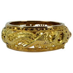 Fine Chinese 14 Karat Two-Tone Gold Cuff Bracelet with Dragon and Phoenix