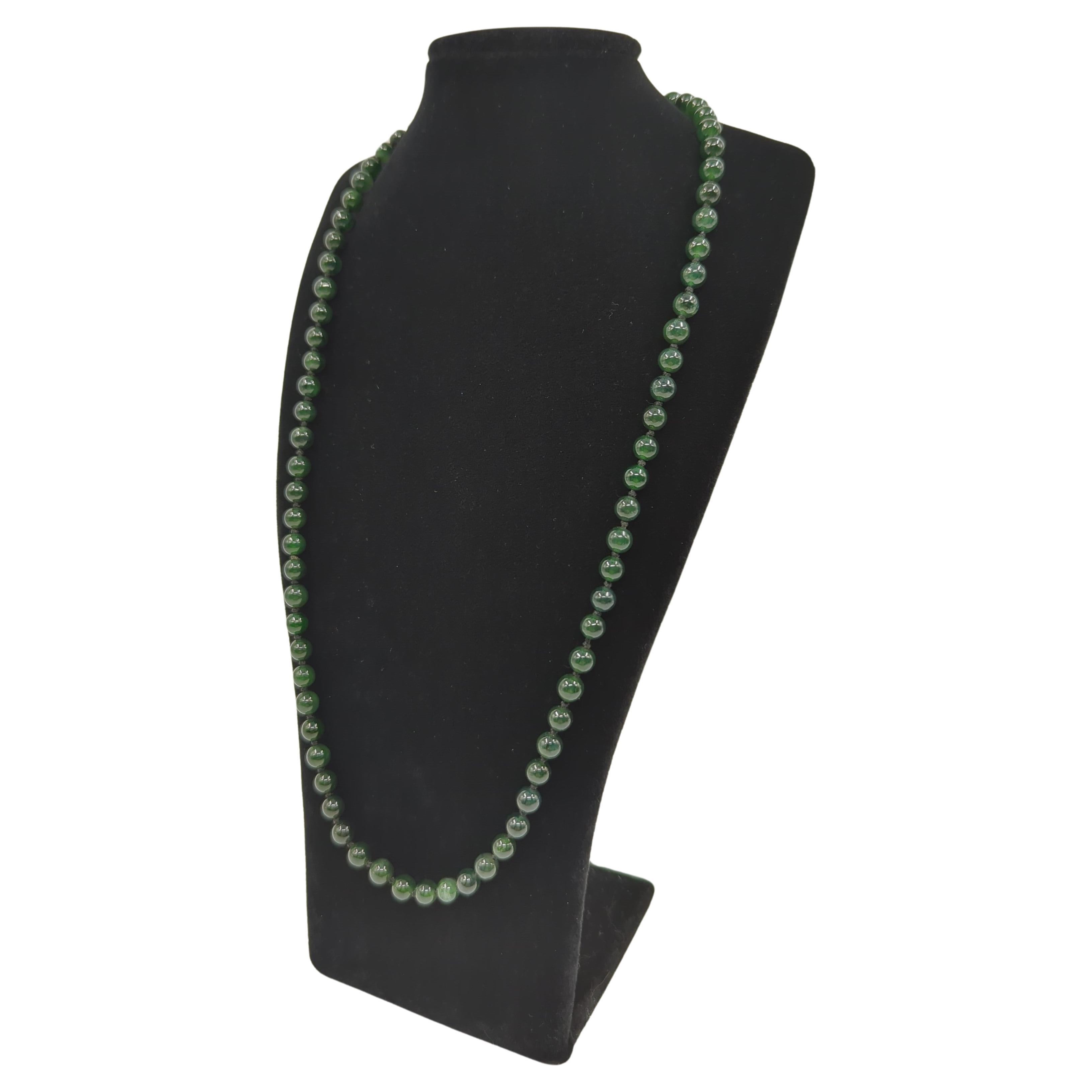 Artigiano Collana di perline di giada cinese fine di grado A, naturale e traslucida, verde inchiostro, 22