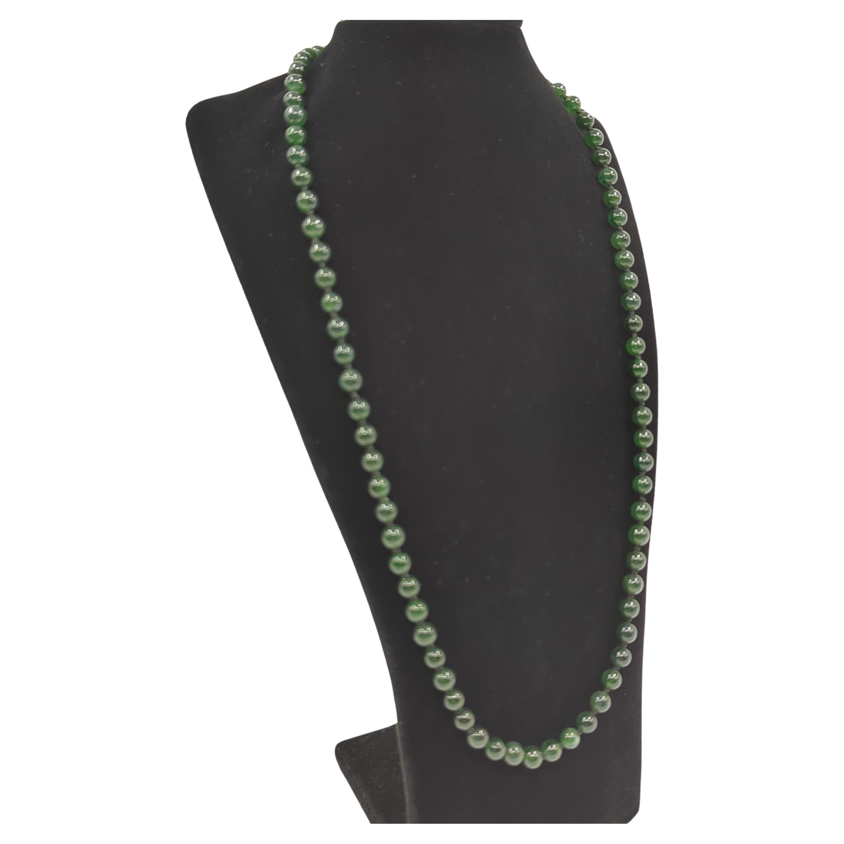 Taglio rotondo Collana di perline di giada cinese fine di grado A, naturale e traslucida, verde inchiostro, 22