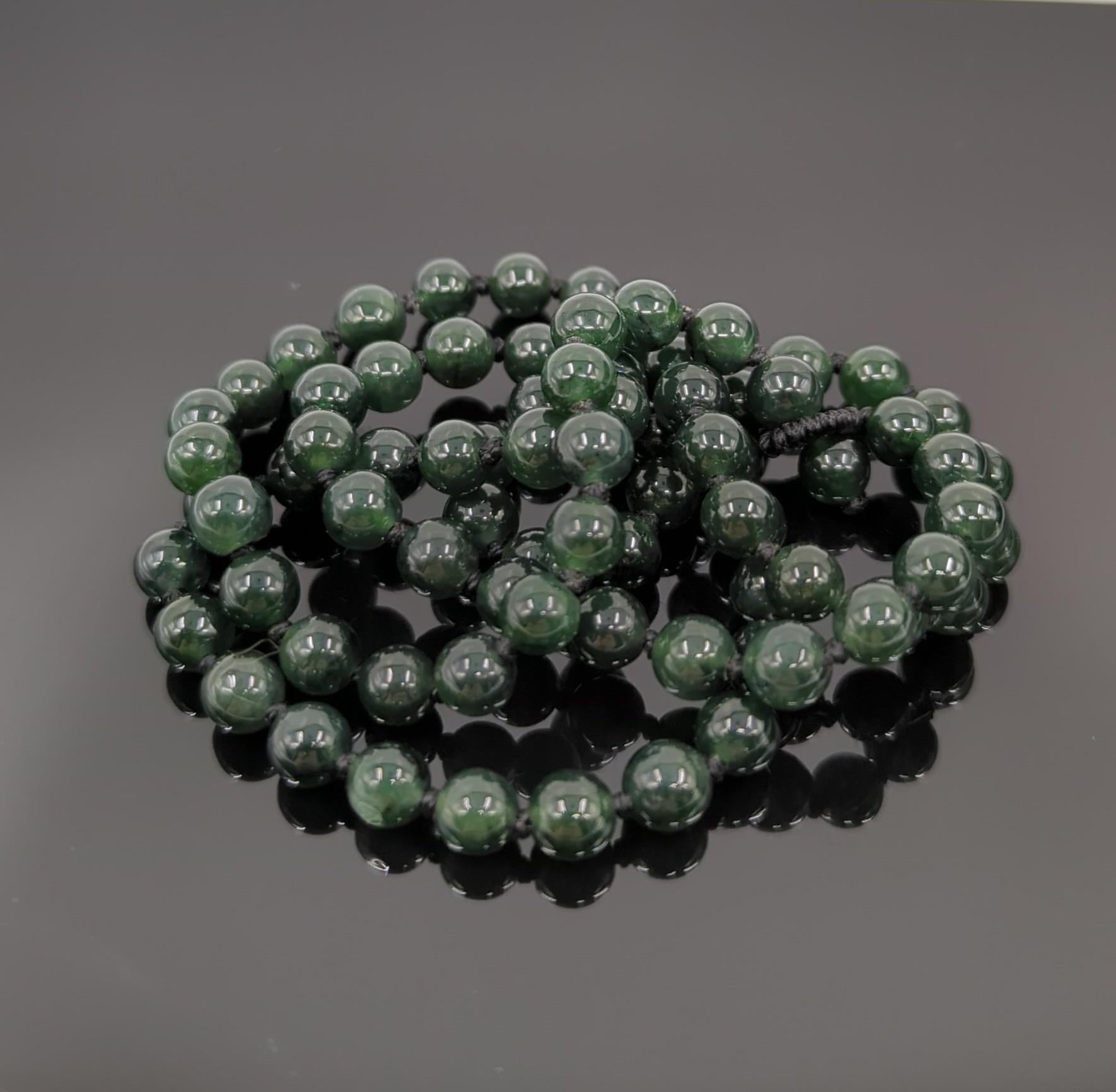 Collana di perline di giada cinese fine di grado A, naturale e traslucida, verde inchiostro, 22