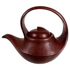 Fine Chinese Antique Yixing Teapot Curved Body Loop Handle Clay Pottery