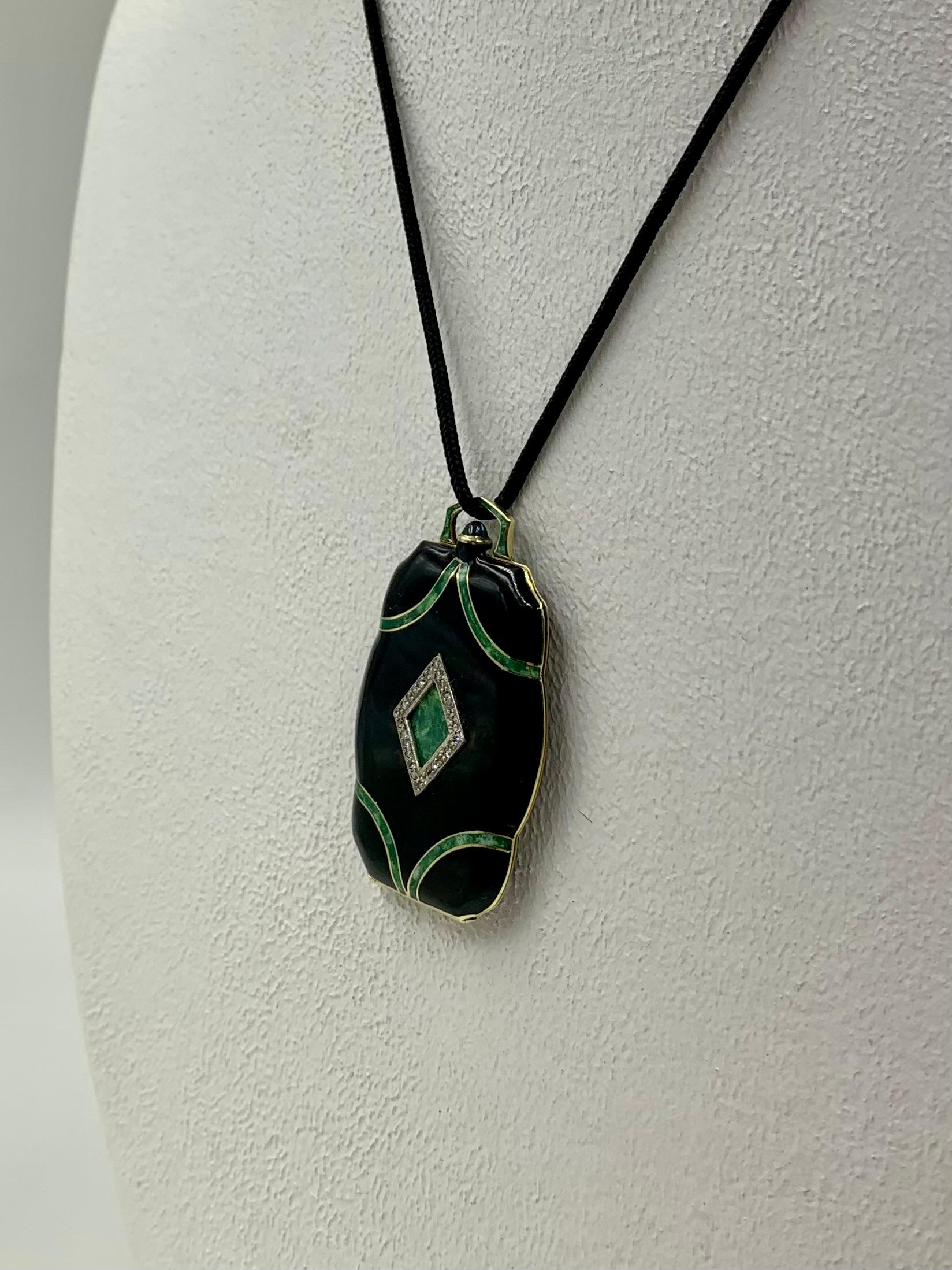 Fine Chinese Art Deco Diamond Enamel 14K Yellow Gold Platinum Locket Pendant 9