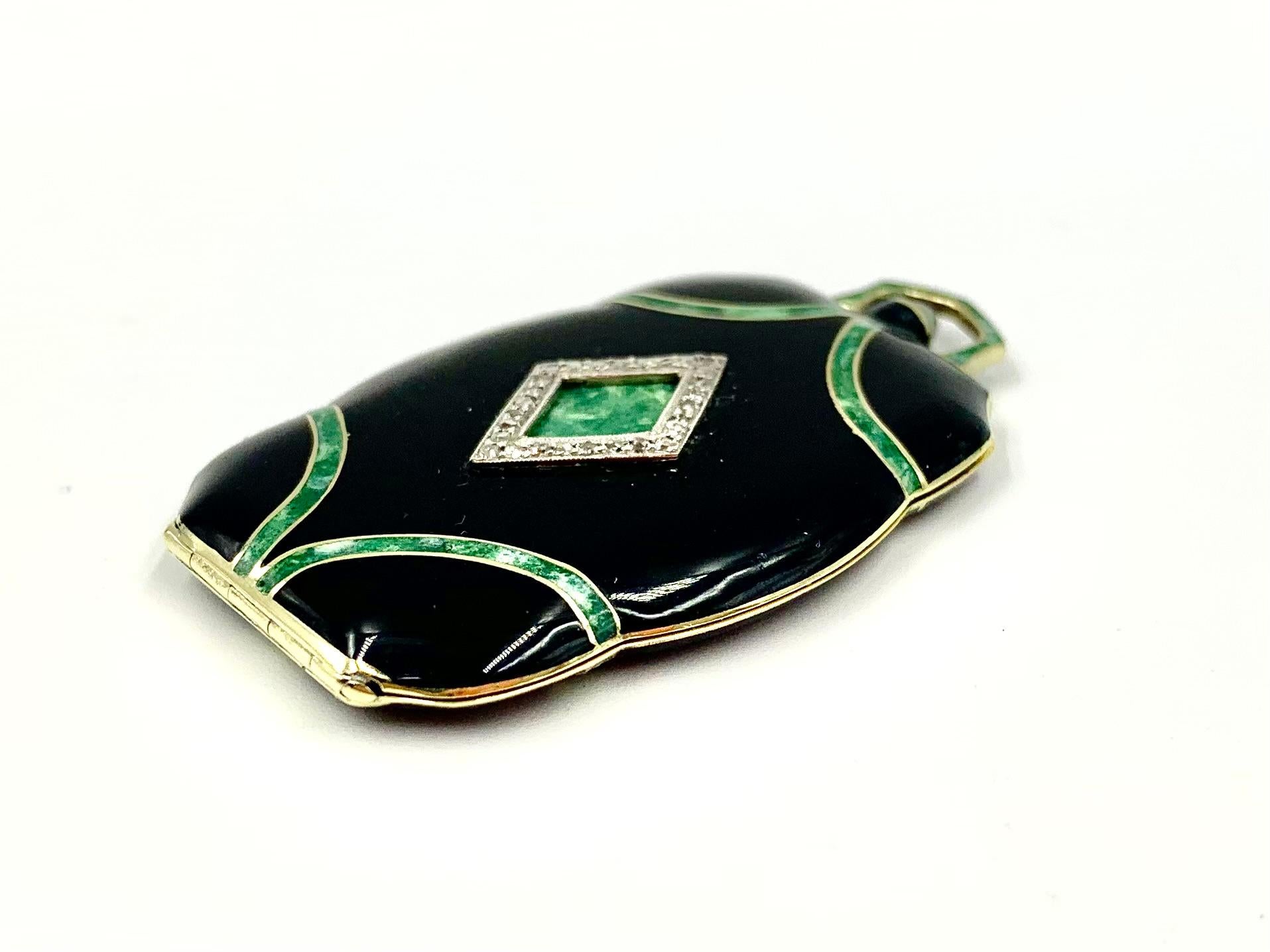 Fine Chinese Art Deco Diamond Enamel 14K Yellow Gold Platinum Locket Pendant 10