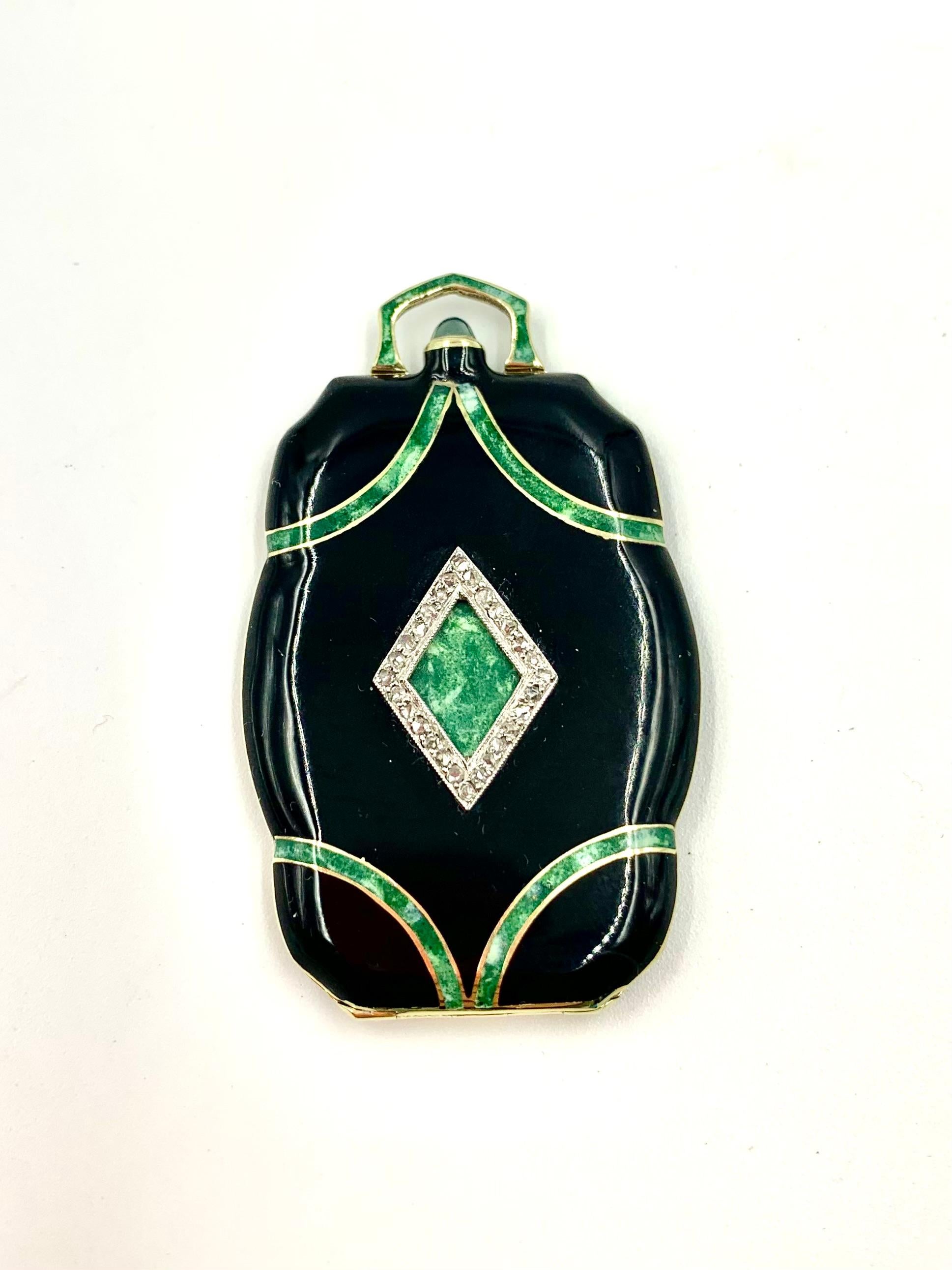 Fine Chinese Art Deco Diamond Enamel 14K Yellow Gold Platinum Locket Pendant 13