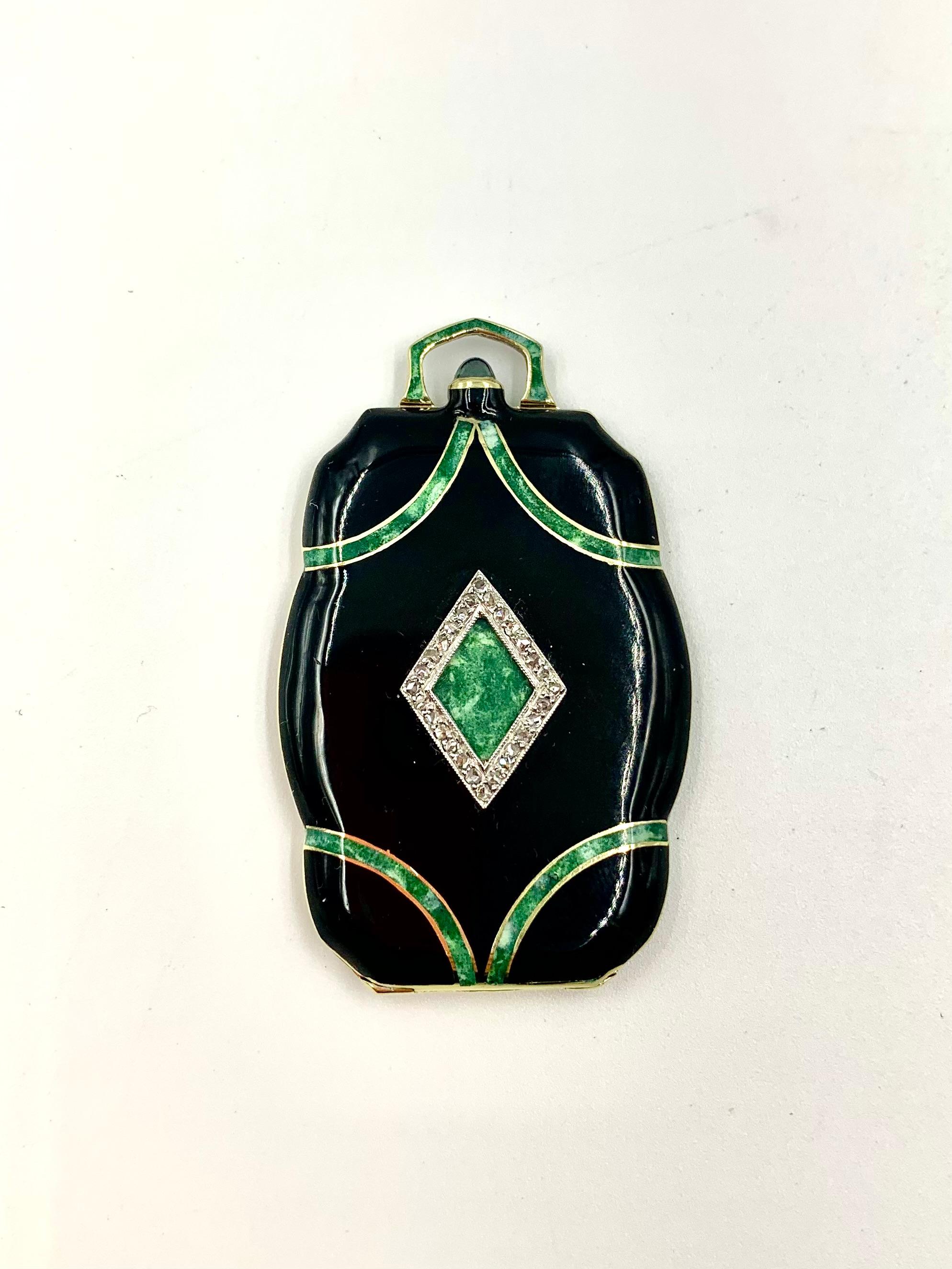Rose Cut Fine Chinese Art Deco Diamond Enamel 14K Yellow Gold Platinum Locket Pendant