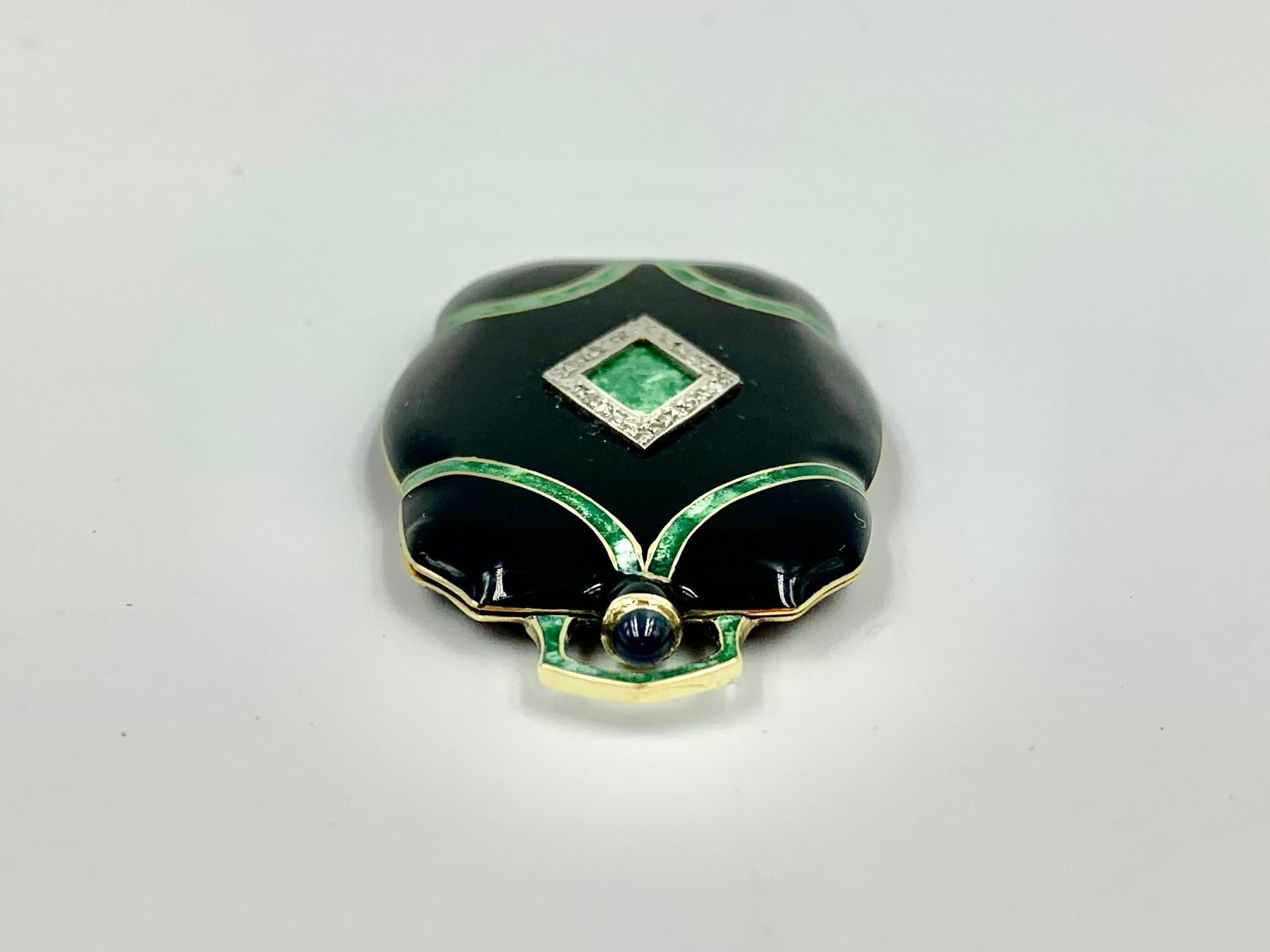Fine Chinese Art Deco Diamond Enamel 14K Yellow Gold Platinum Locket Pendant 2