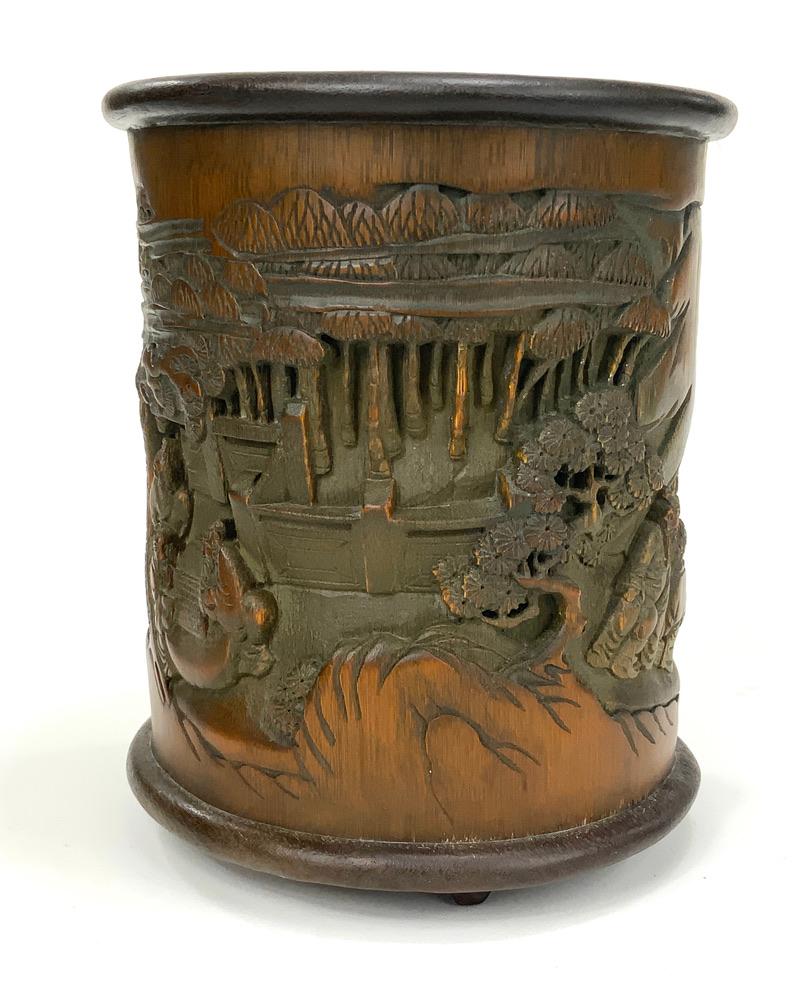 Qing Fine Chinese Bamboo Root Carved Brush Pot For Sale