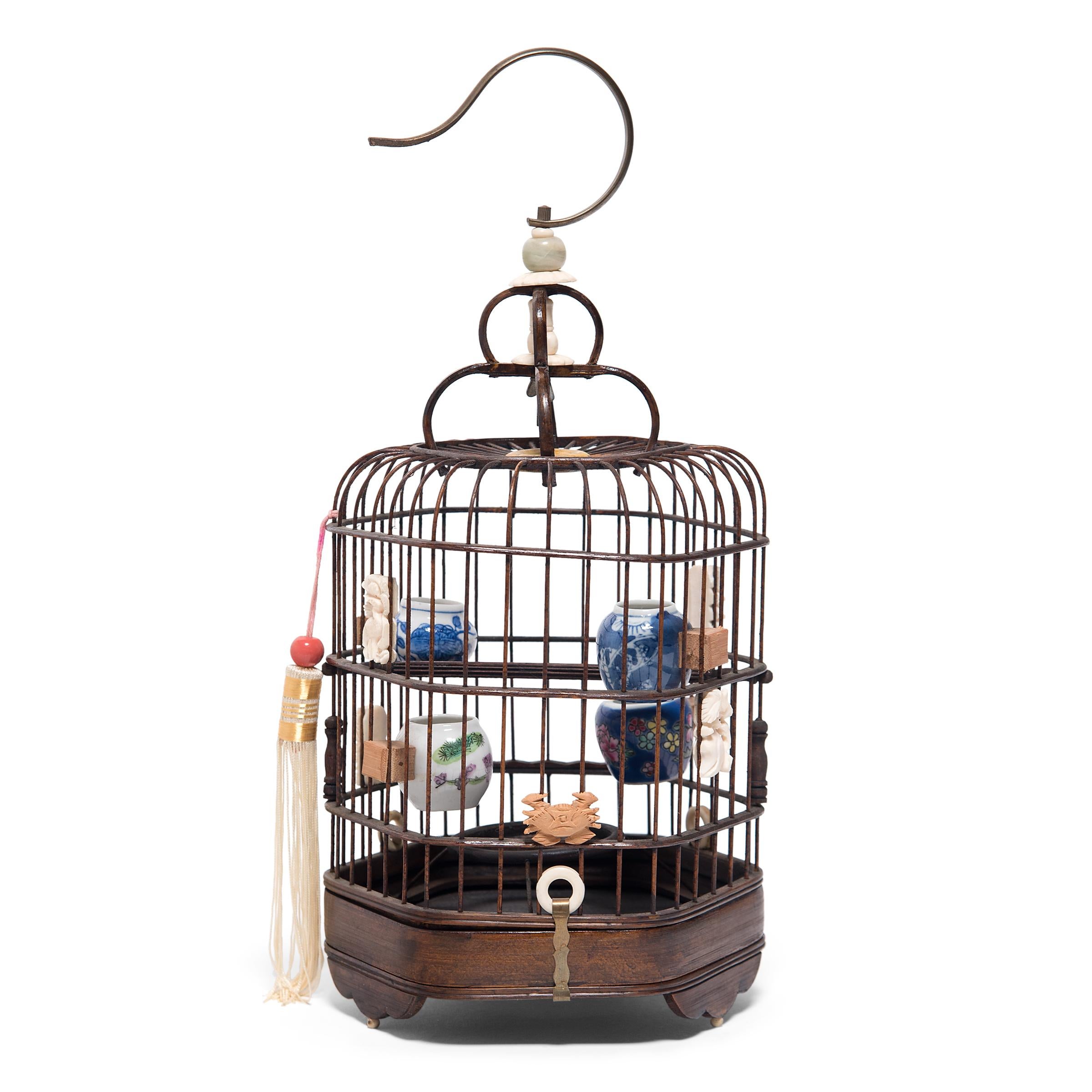 Carved Fine Chinese Bird Cage with Porcelain Waterpots, circa 1850