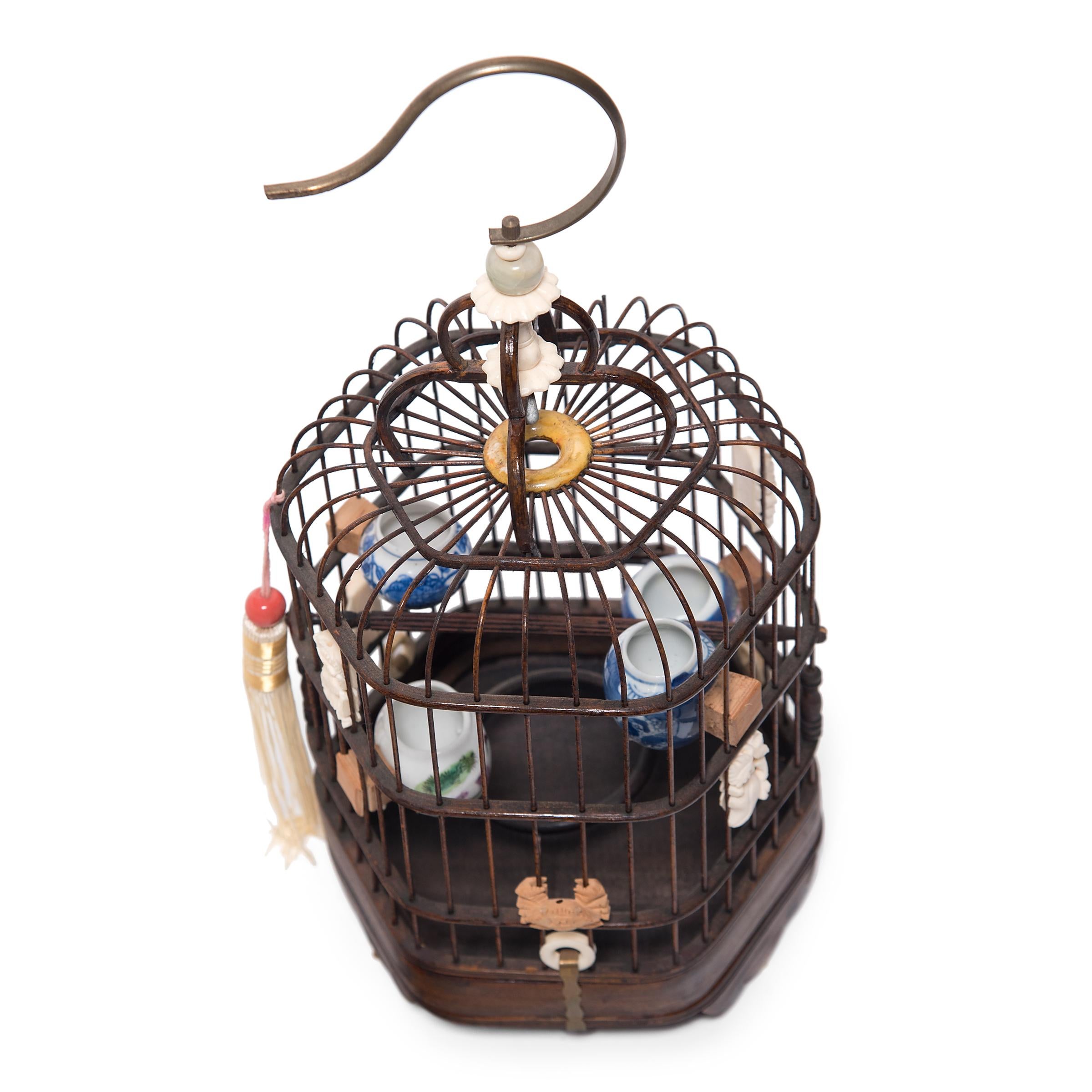 Fine Chinese Bird Cage with Porcelain Waterpots, circa 1850 In Good Condition In Chicago, IL