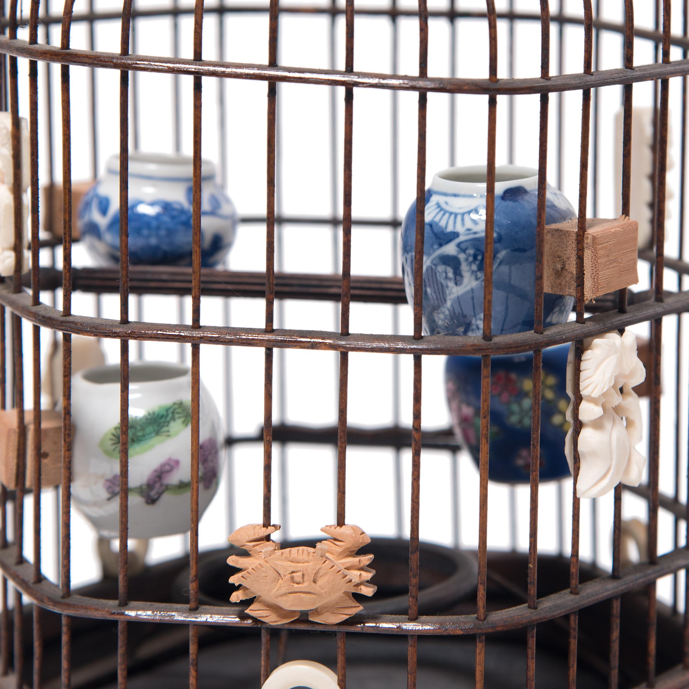 Bone Fine Chinese Bird Cage with Porcelain Waterpots, circa 1850
