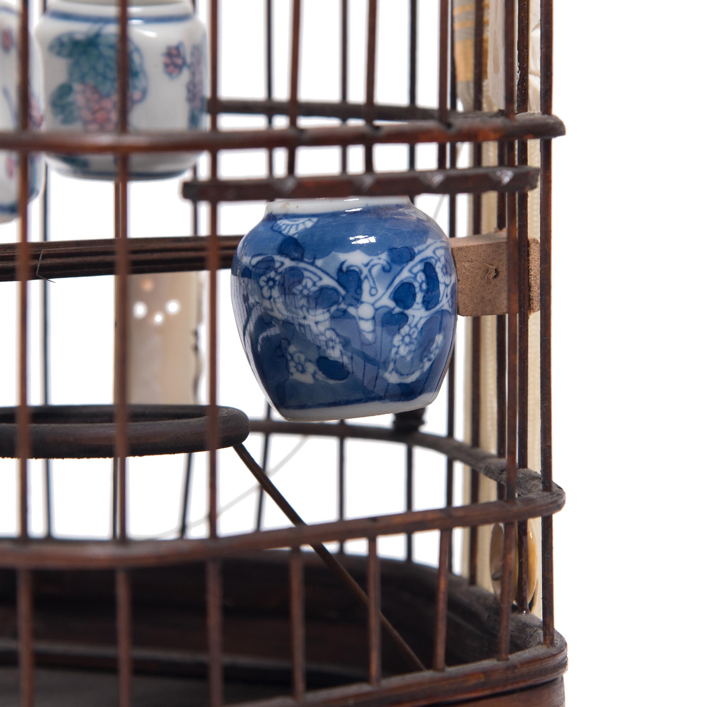 Carved Fine Chinese Birdcage with Porcelain Waterpots, circa 1850