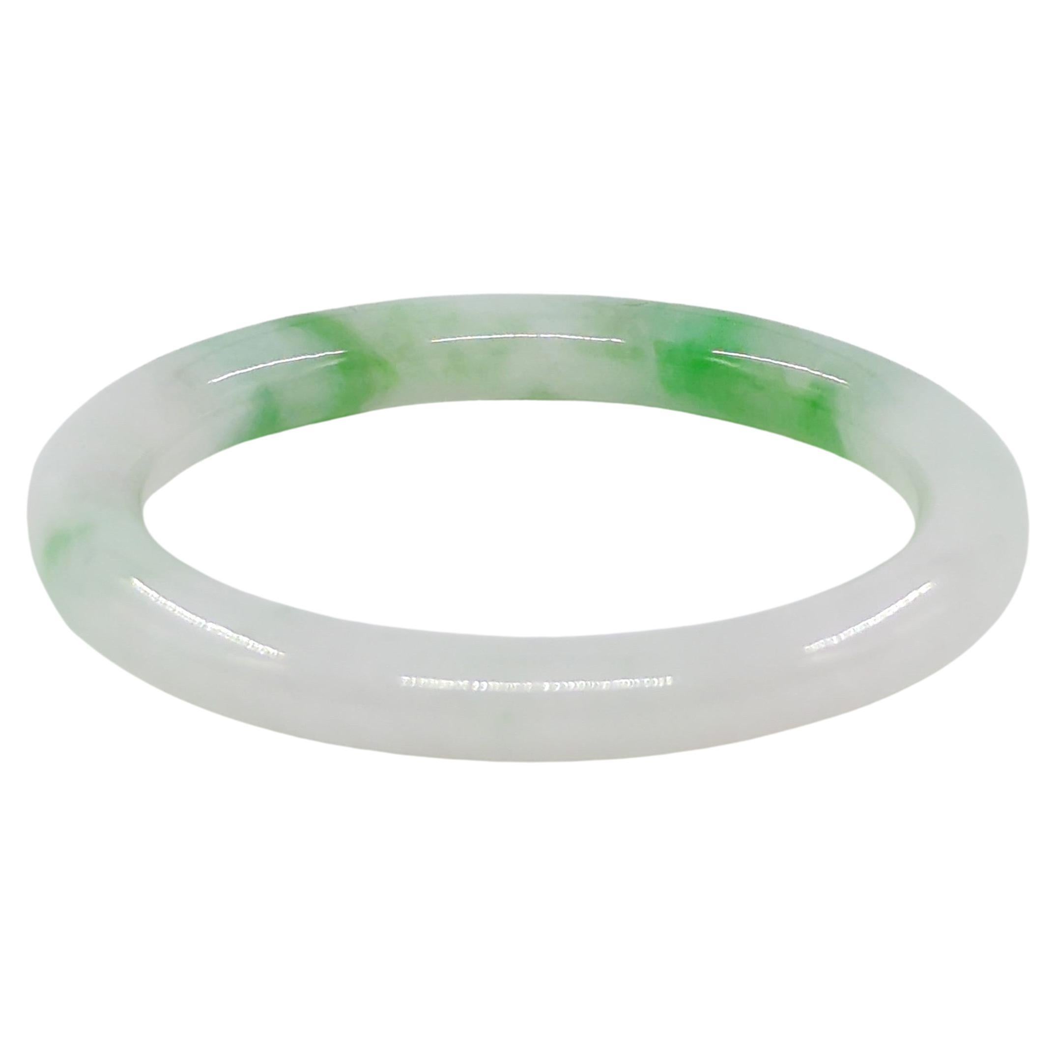 Fine Chinese Carved White Jadeite Bangle Apple Green Inclusions Small 53.5mm ID For Sale 4