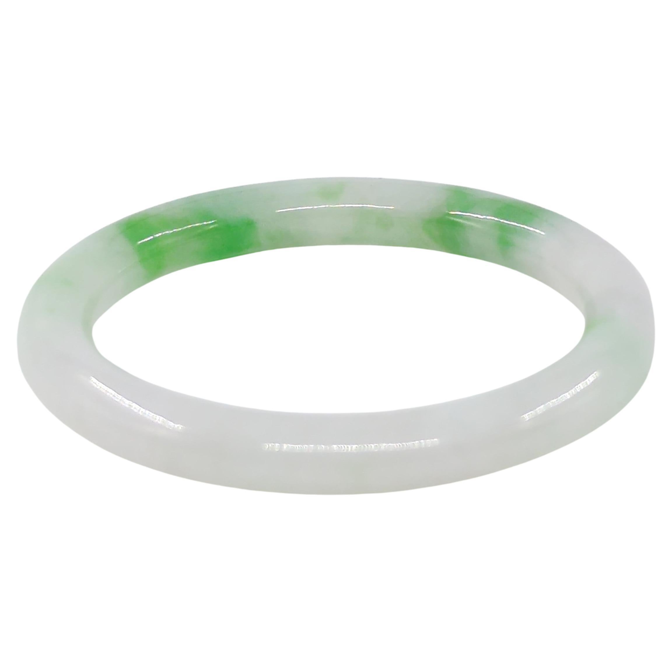 Fine Chinese Carved White Jadeite Bangle Apple Green Inclusions Small 53.5mm ID For Sale 5