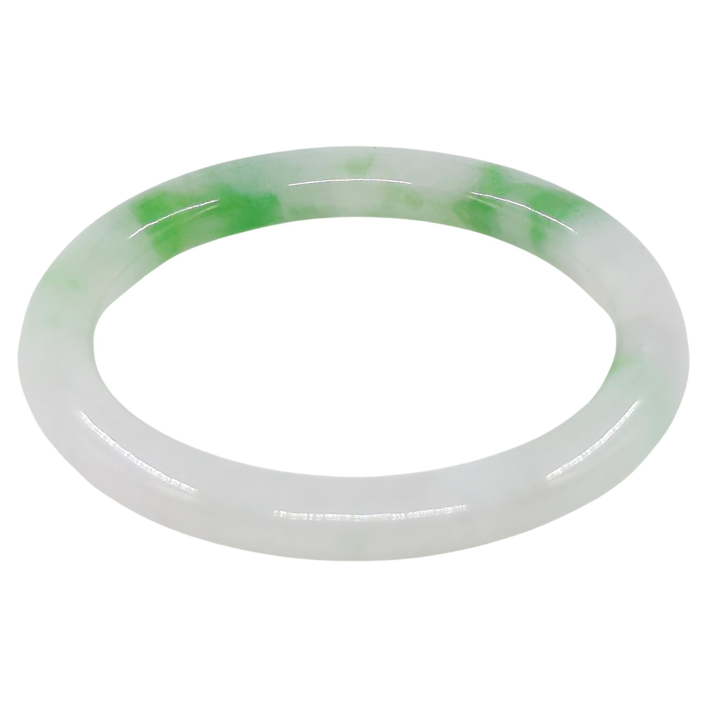 Fine Chinese Carved White Jadeite Bangle Apple Green Inclusions Small 53.5mm ID For Sale 6