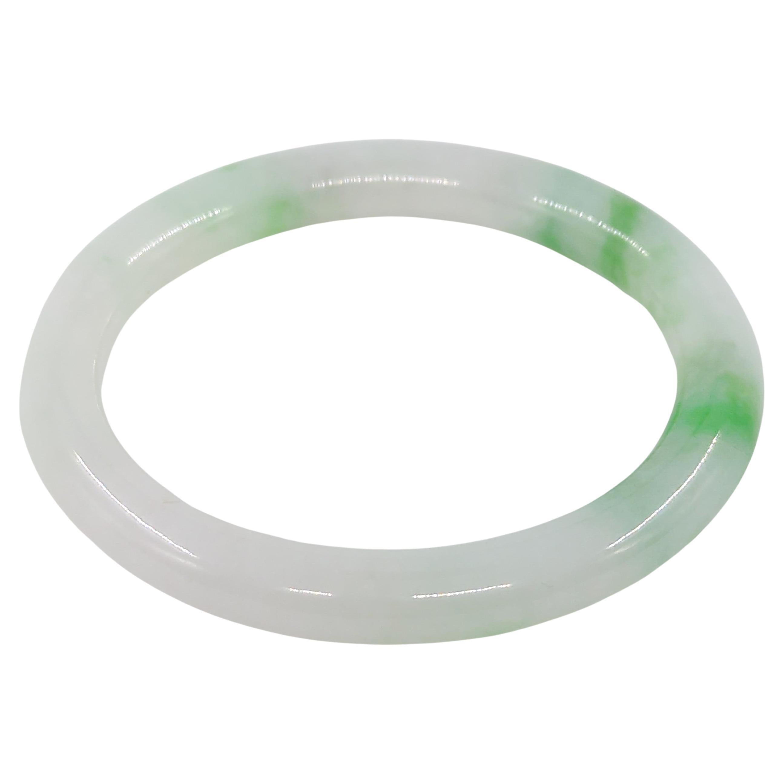 Fine Chinese Carved White Jadeite Bangle Apple Green Inclusions Small 53.5mm ID For Sale 7