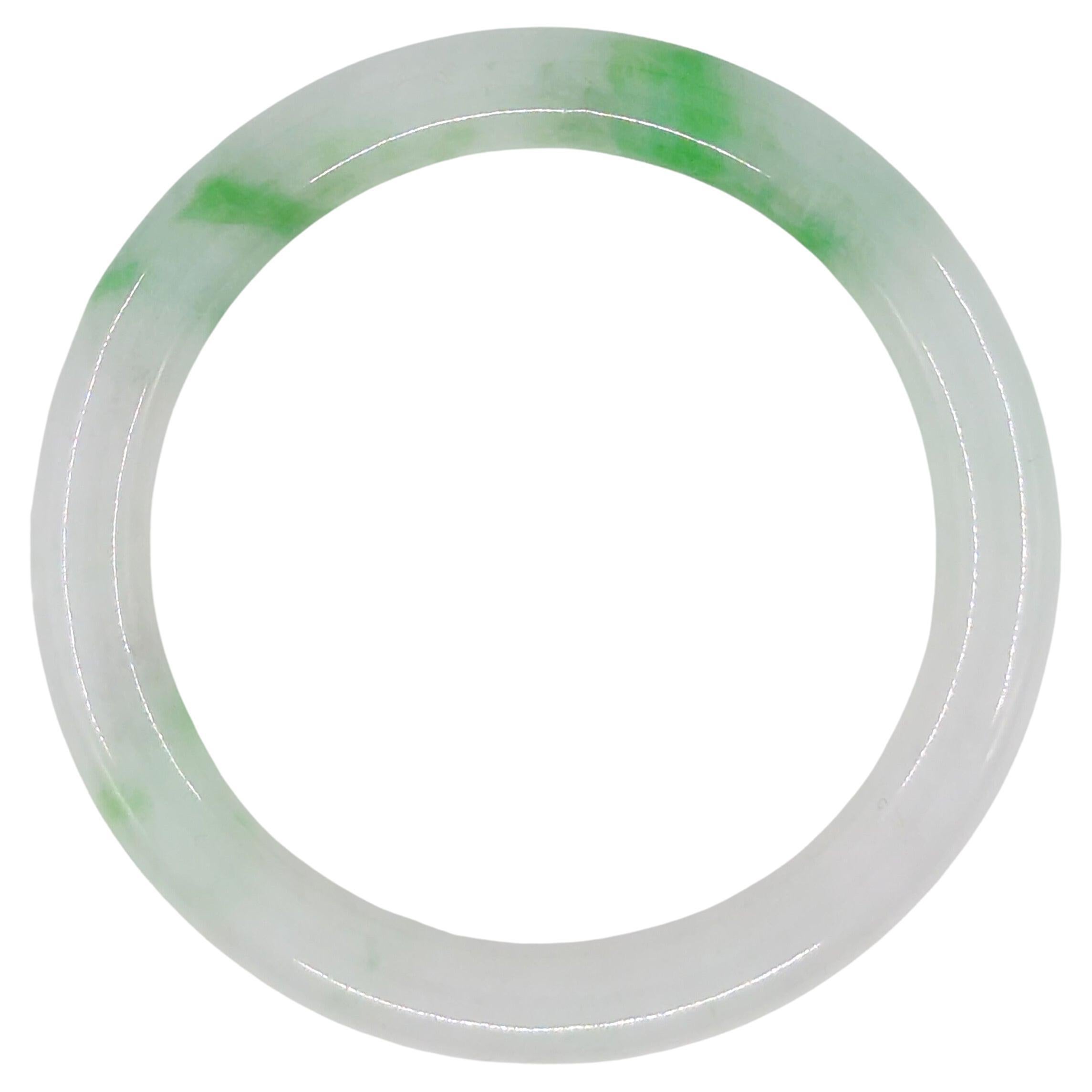 Fine Chinese Carved White Jadeite Bangle Apple Green Inclusions Small 53.5mm ID For Sale 9