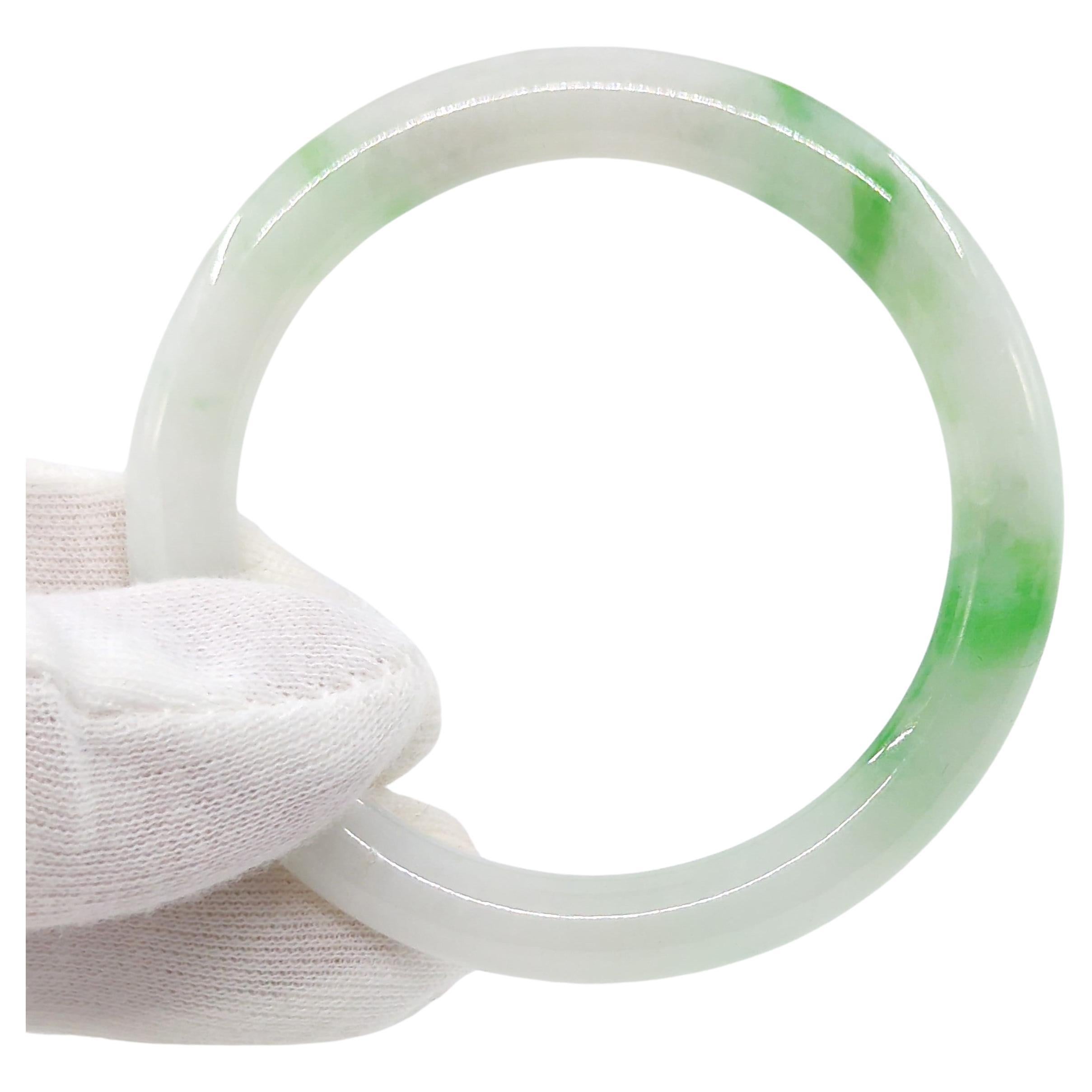 Artisan Fine Chinese Carved White Jadeite Bangle Apple Green Inclusions Small 53.5mm ID For Sale