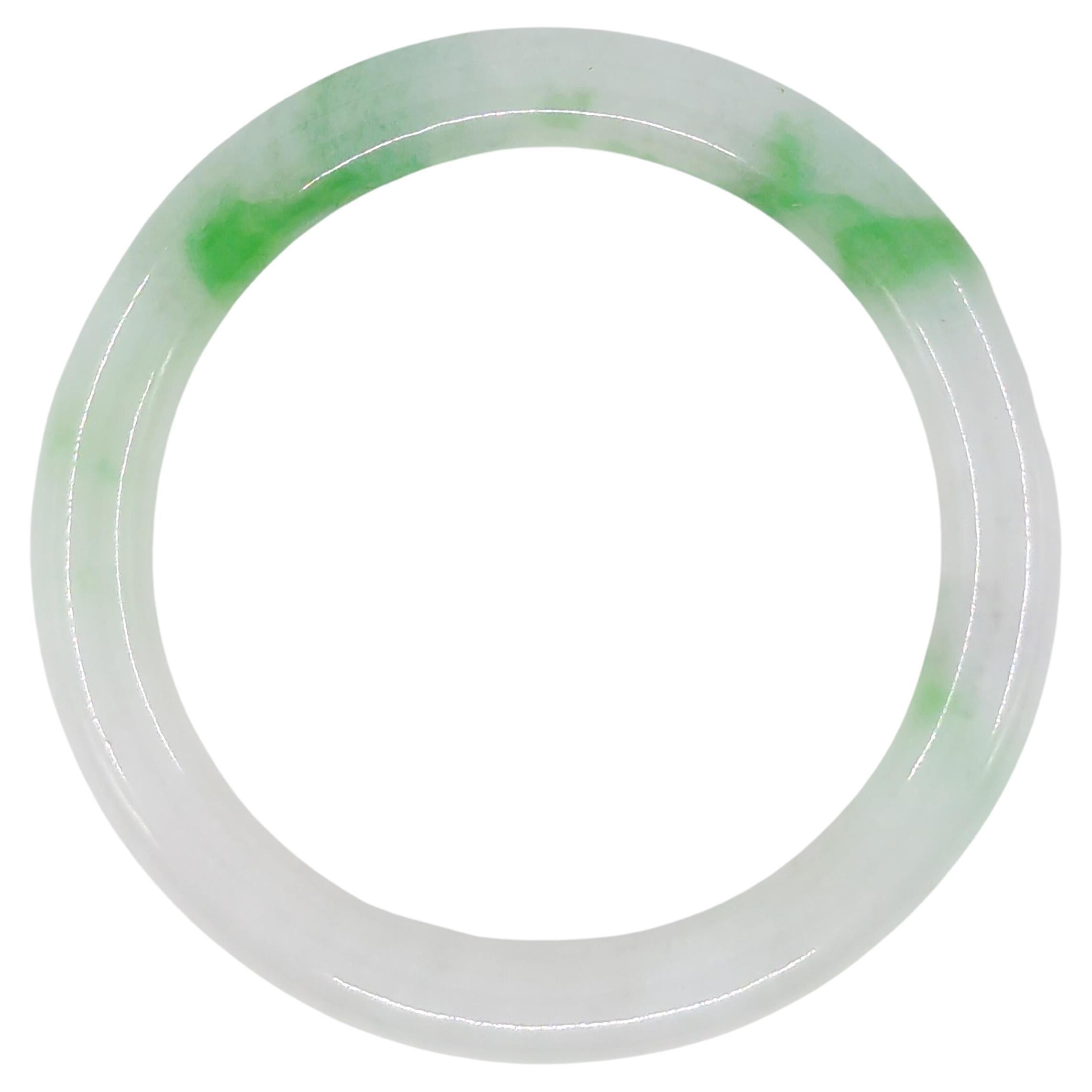 Fine Chinese Carved White Jadeite Bangle Apple Green Inclusions Small 53.5mm ID For Sale 1